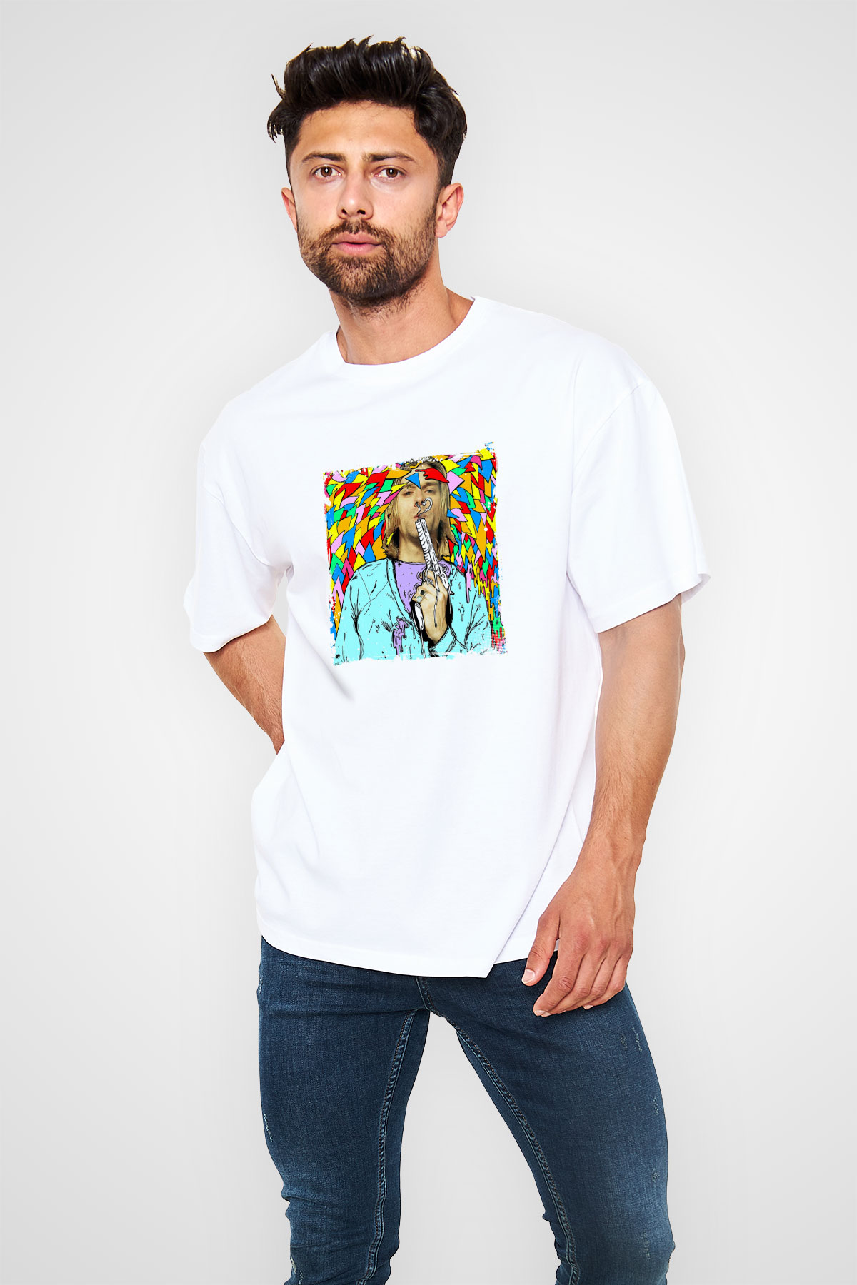 Kurt Cobain Oversize Baskılı Beyaz Tişört