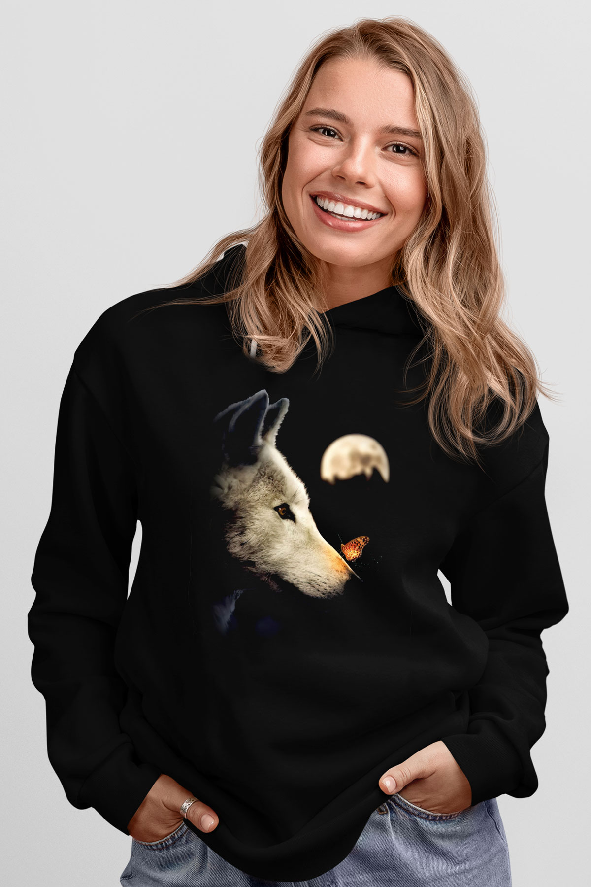 Kurt ve Ay Temalı Siyah  Unisex Hoodie