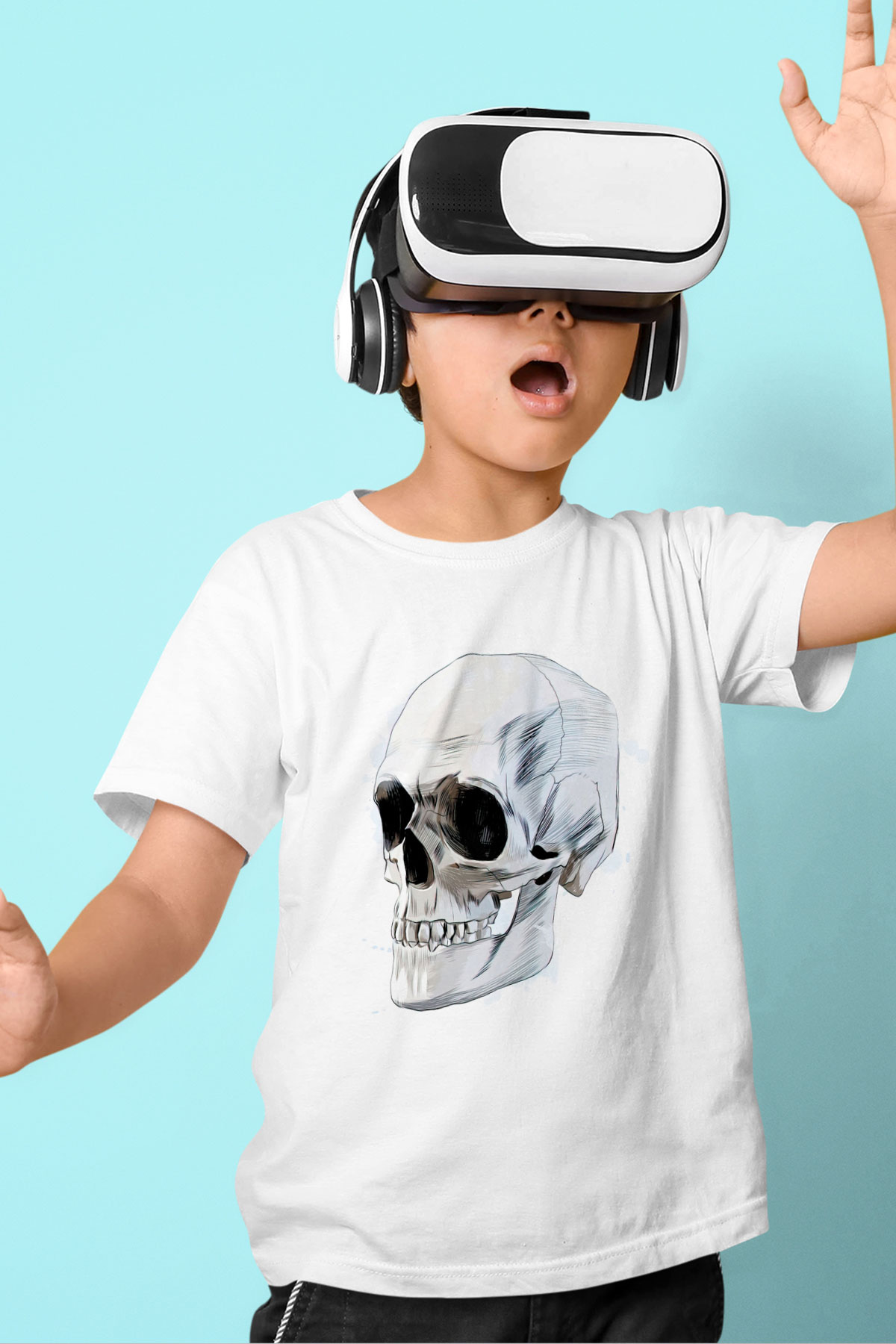 Kuru Kafa Skull Baskılı Unisex Beyaz  Çocuk Tişört