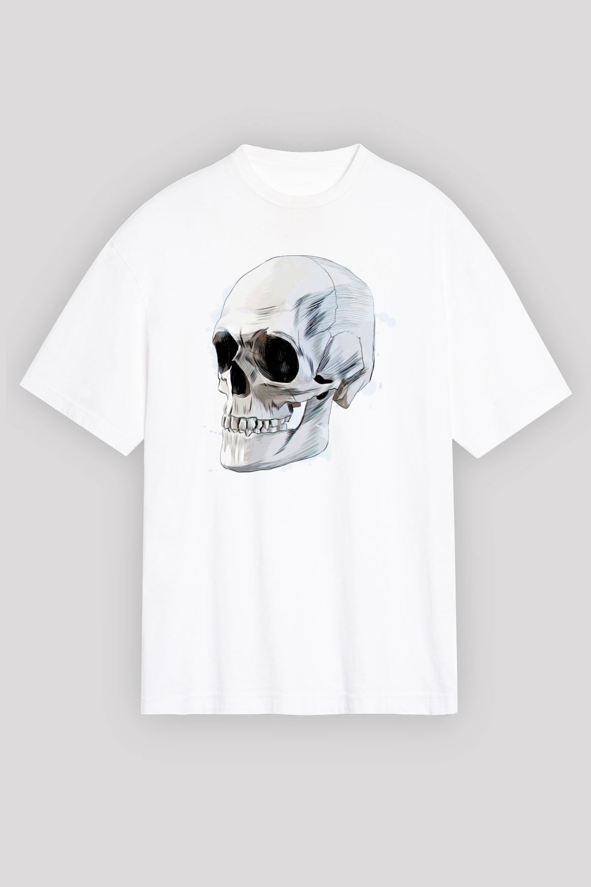 Kuru Kafa Skull Baskılı Oversize Beyaz Tişört