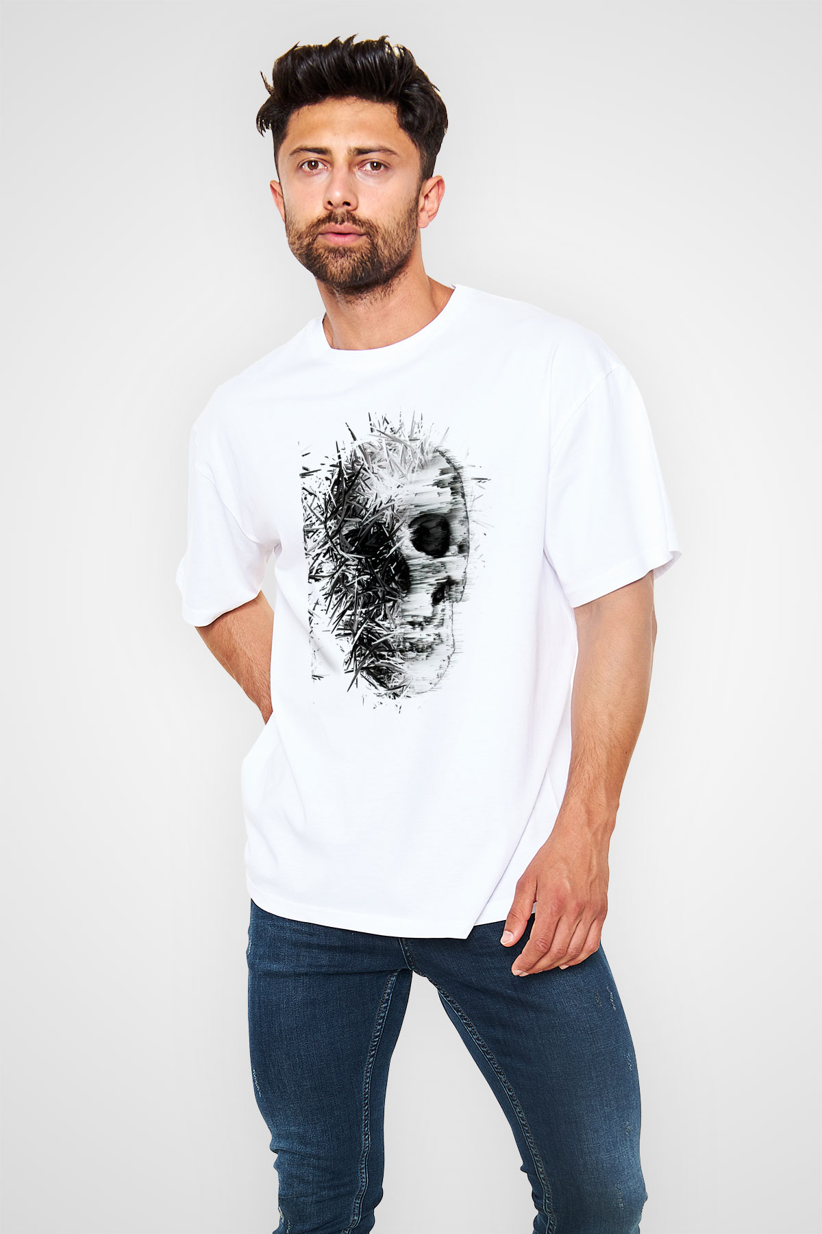 Kurukafa Baskılı Beyaz Oversize Tshirt