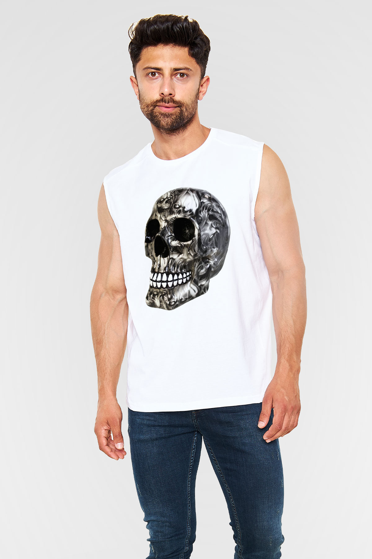 Kurukafa Baskılı Unisex Beyaz  Kolsuz Tişört