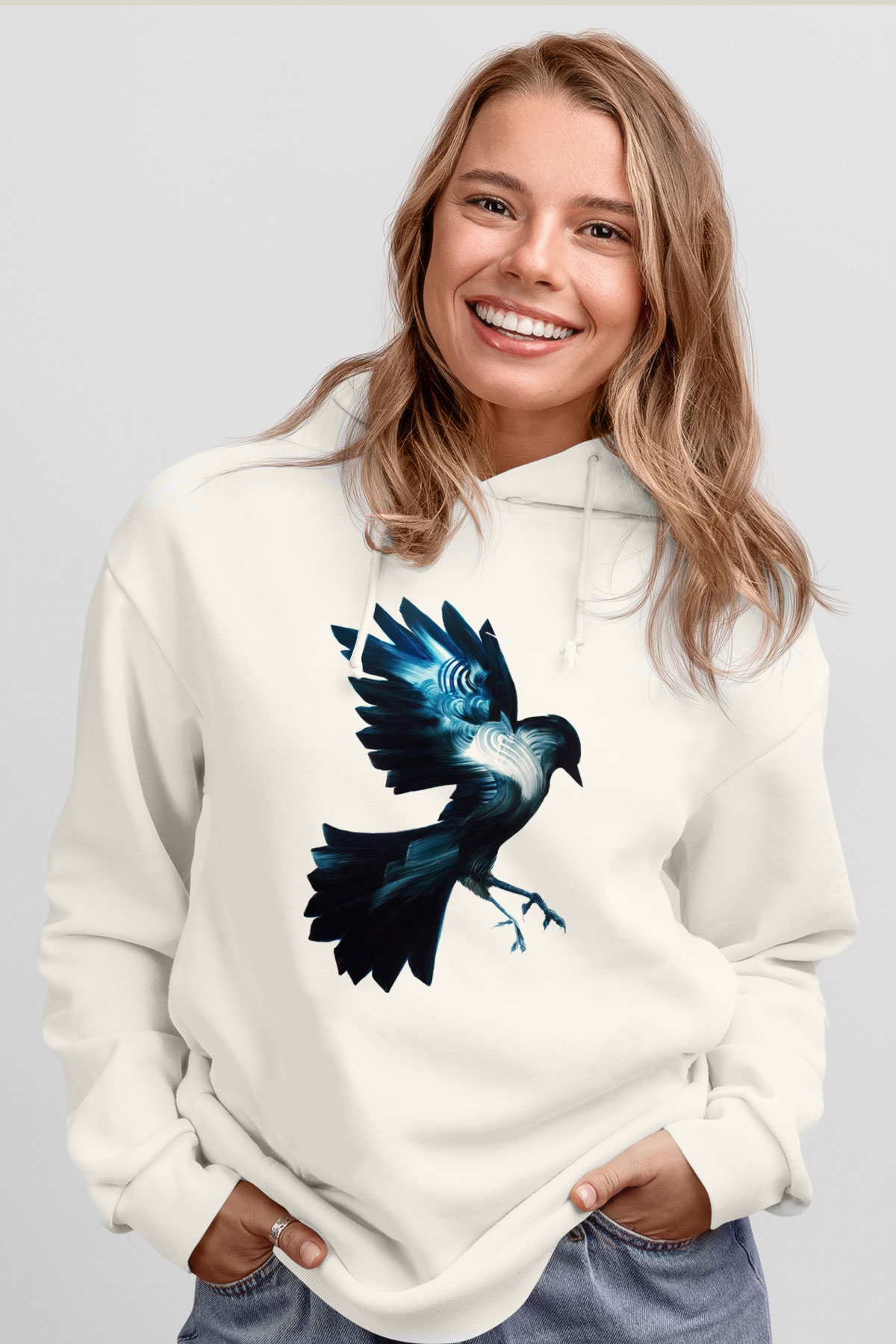 Kuş Beyaz Unisex Kapşonlu Sweatshirt