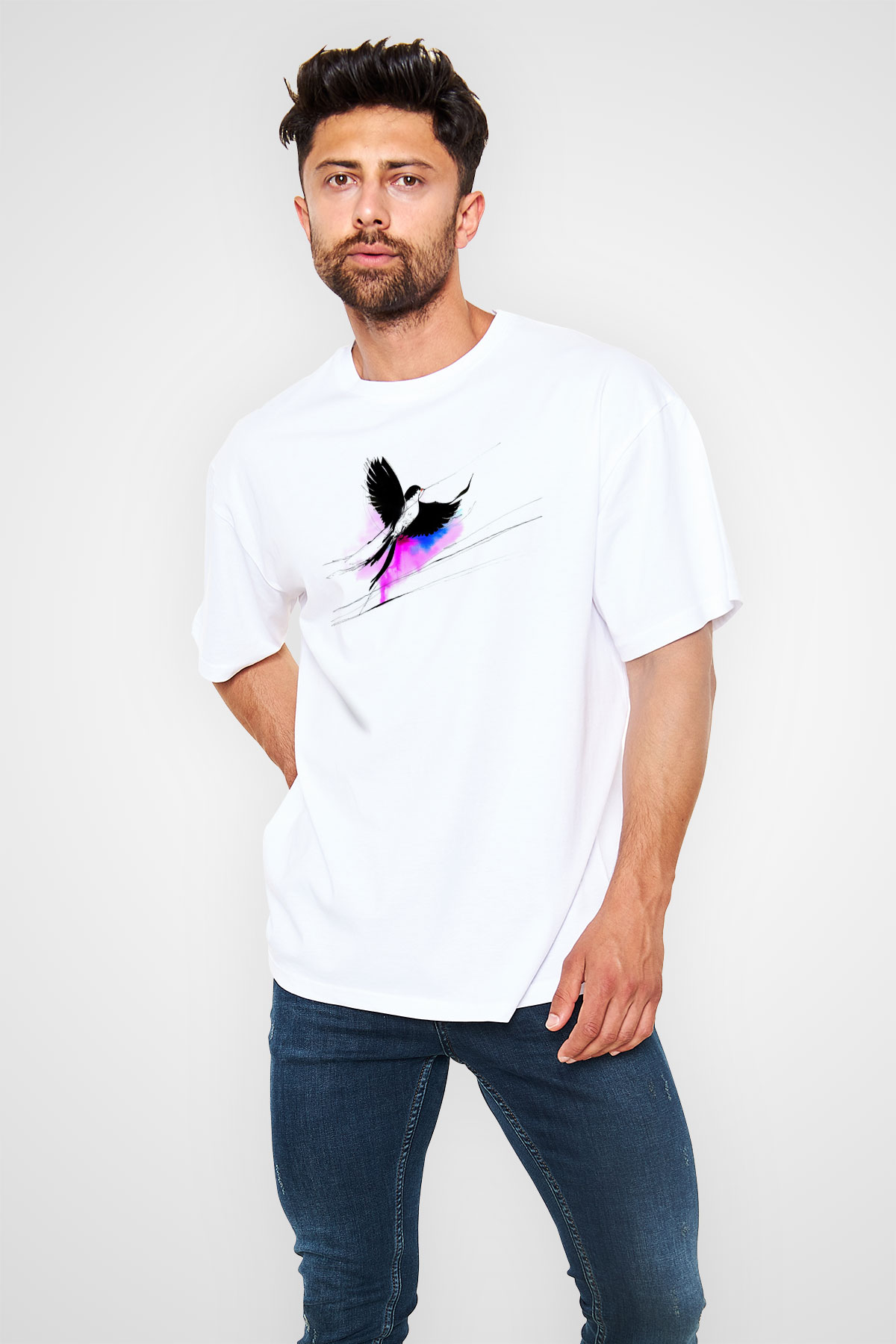 Kuş Beyaz Oversize Tişört Oversize T-shirt - TişörtFabrikası