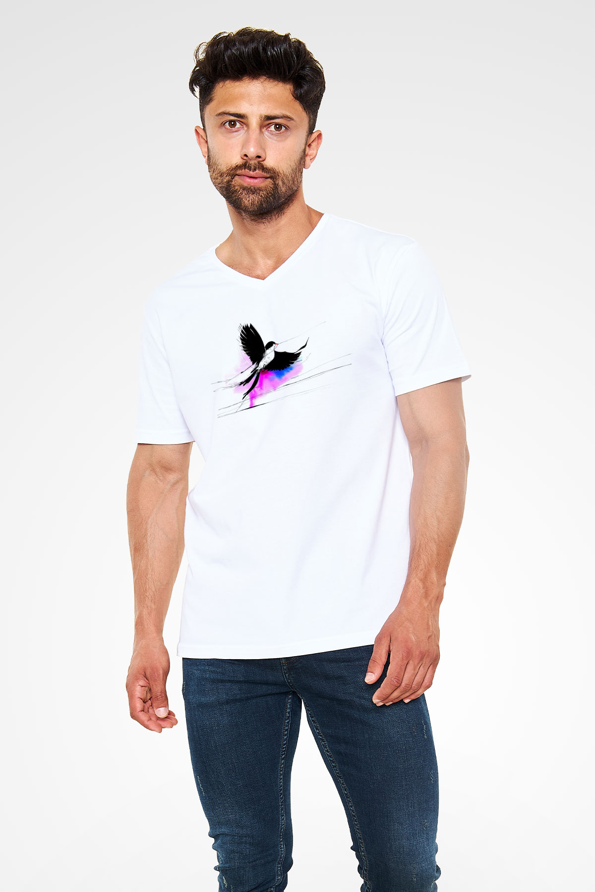 Kuş Beyaz Unisex V Yaka Tişört