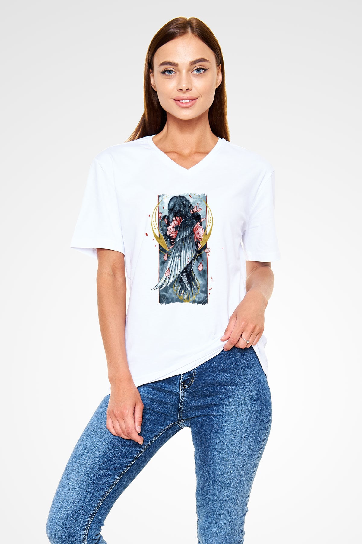 Kuş Beyaz Unisex V Yaka Tişört