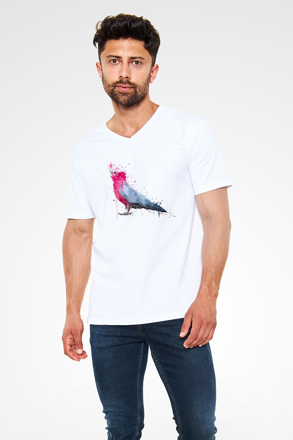 Kuş Beyaz Unisex V Yaka Tişört