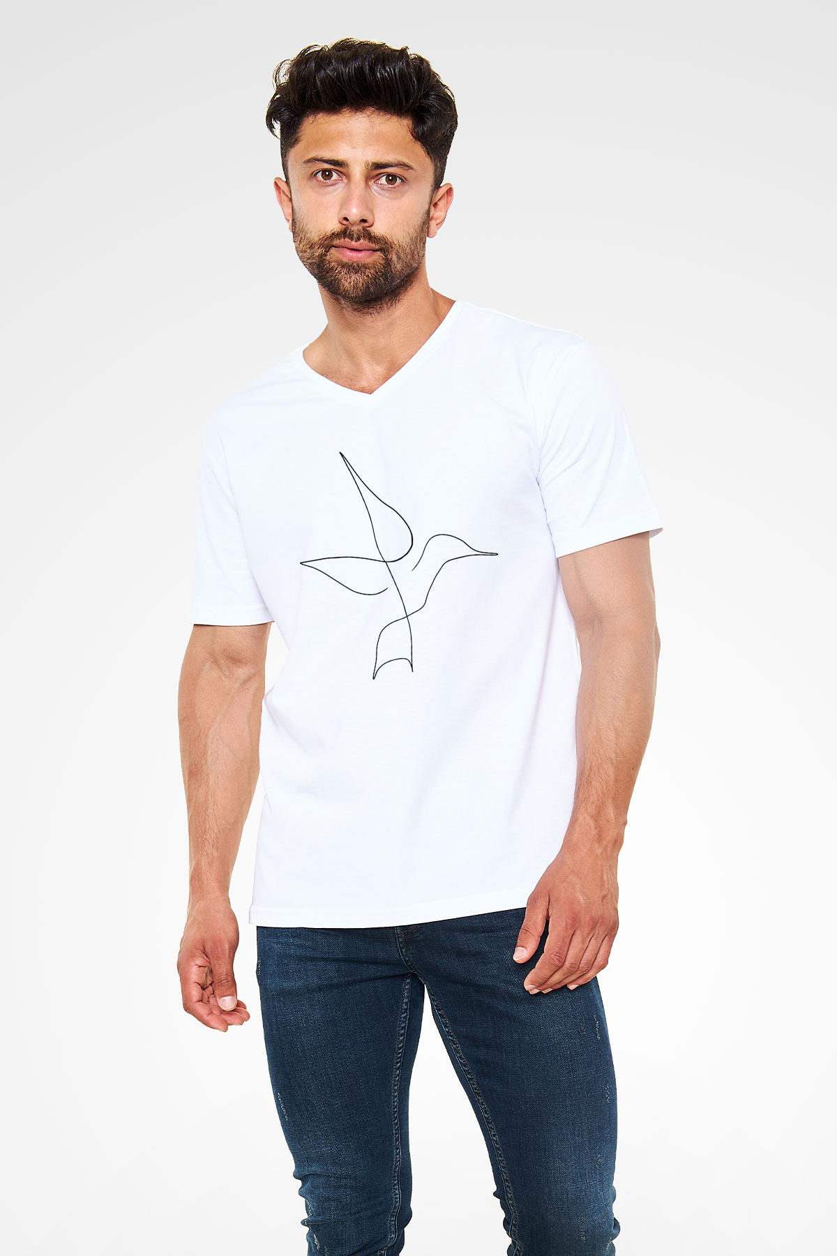 Kuş Beyaz Unisex V Yaka Tişört