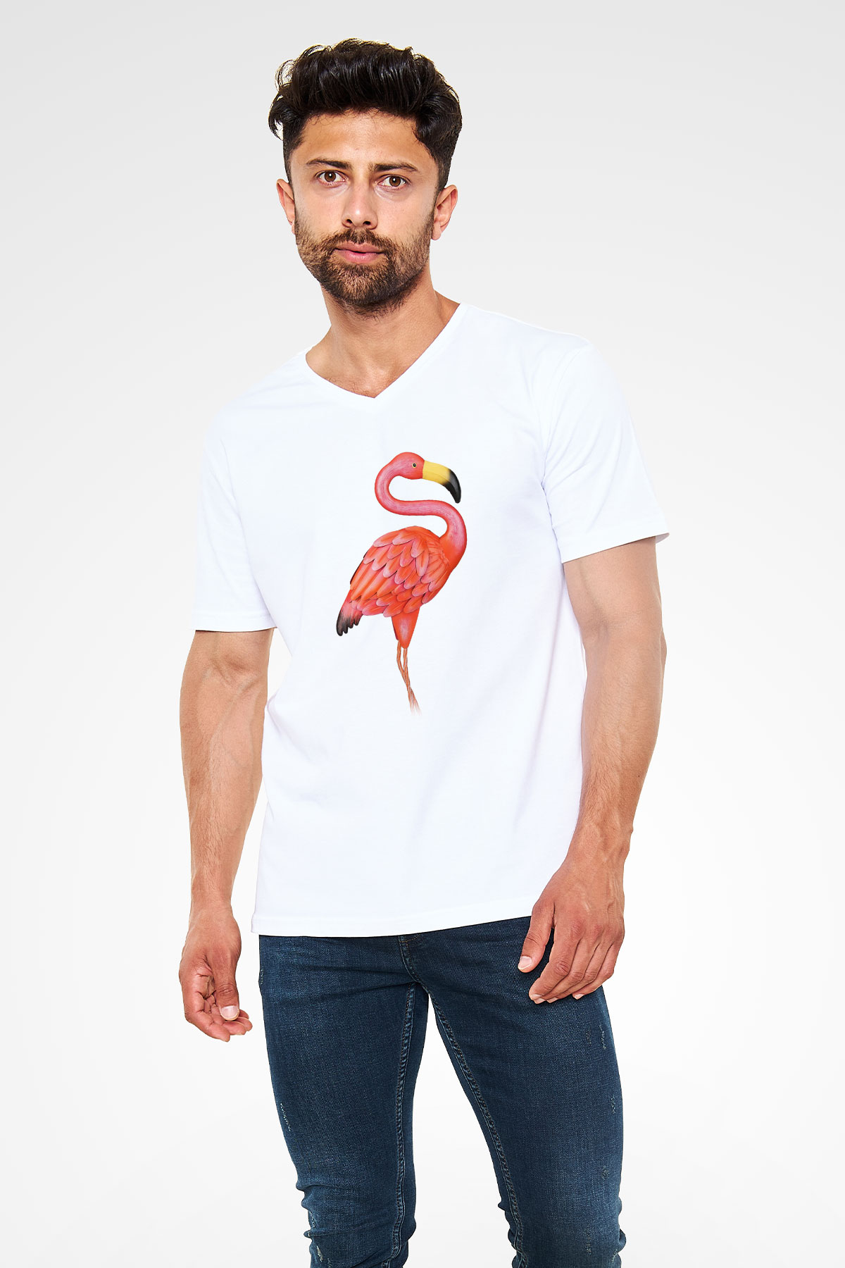Kuş Beyaz Unisex V Yaka Tişört T-Shirt