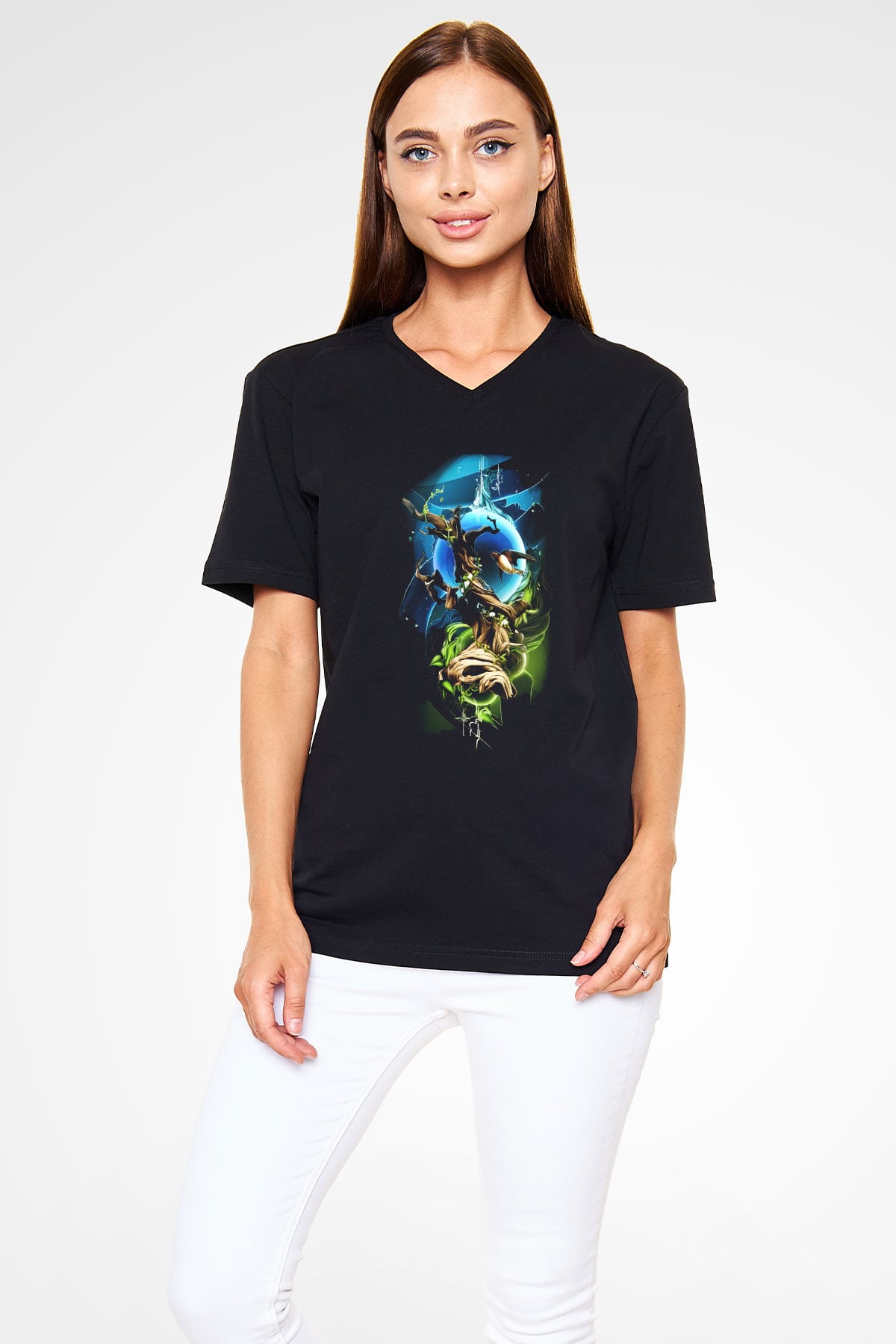 Kuş Siyah Unisex V Yaka Tişört T-Shirt