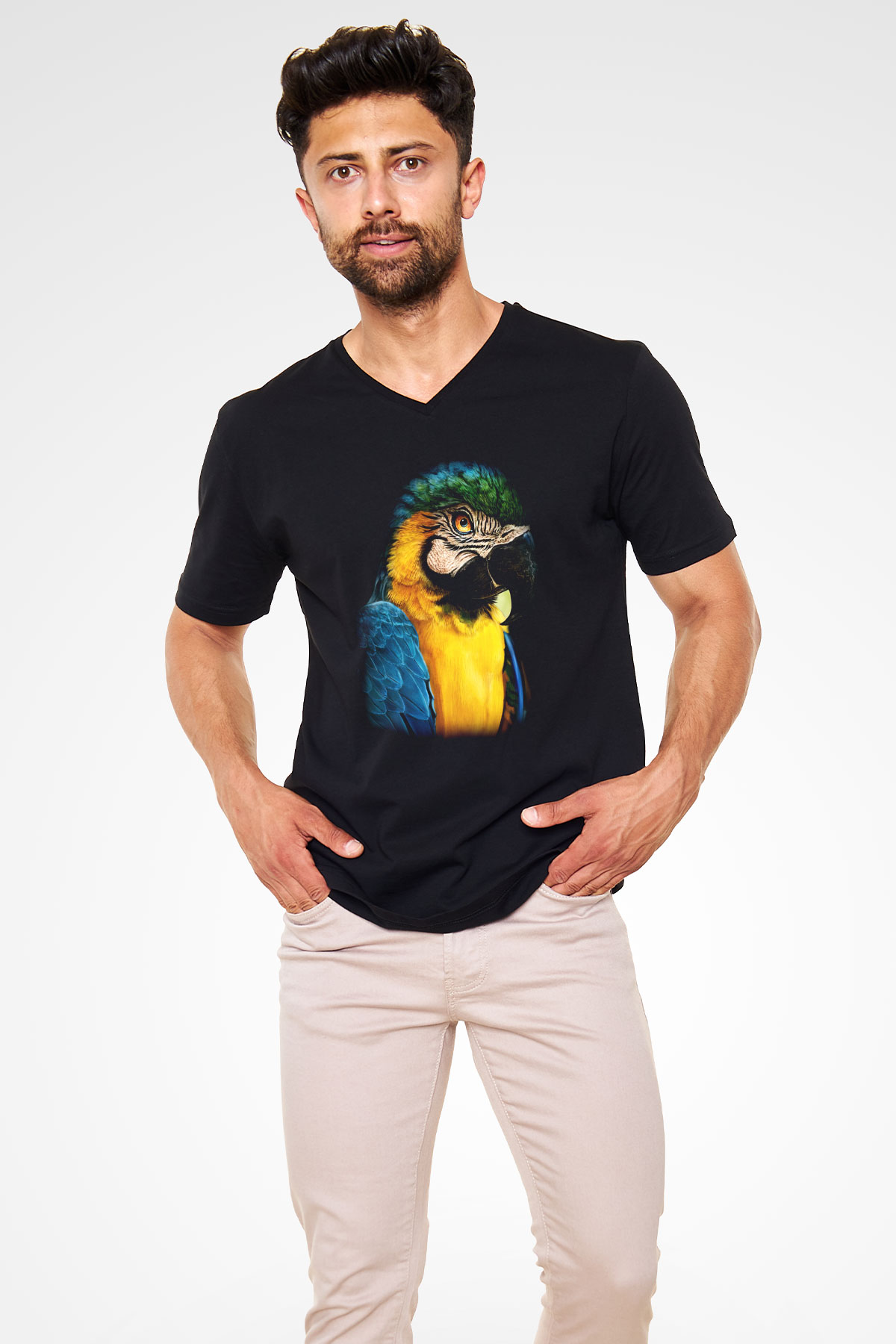 Kuş Siyah Unisex V Yaka Tişört T-Shirt
