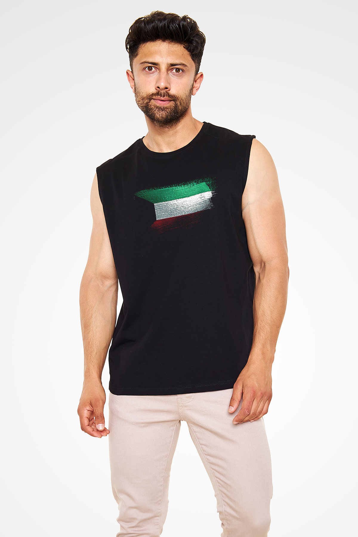 Kuveyt - Kuwait Bayrağı Baskılı Unisex Siyah Kolsuz Tişört