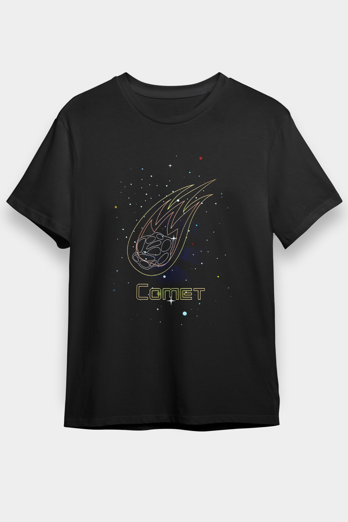 Kuyruklu Yıldız Baskılı Unisex Siyah Tişört - Tshirt