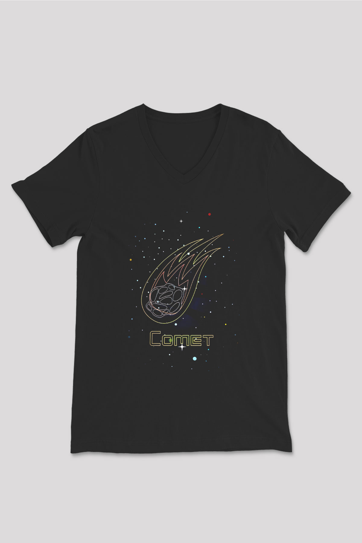 Kuyruklu Yıldız Baskılı Unisex V Yaka Siyah Tİşört - Tshirt