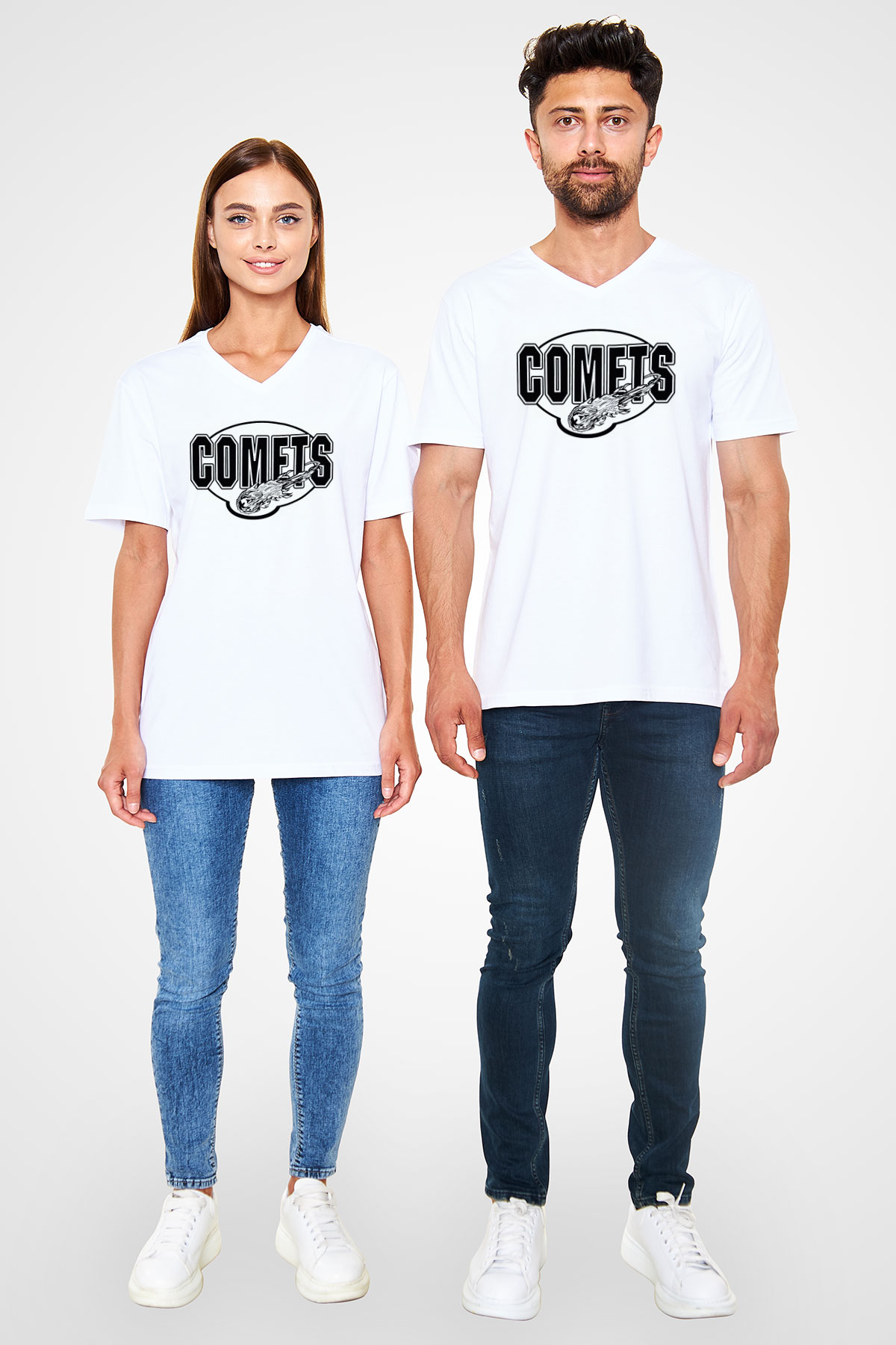 Kuyruklu yıldız Beyaz Unisex V Yaka Tişört