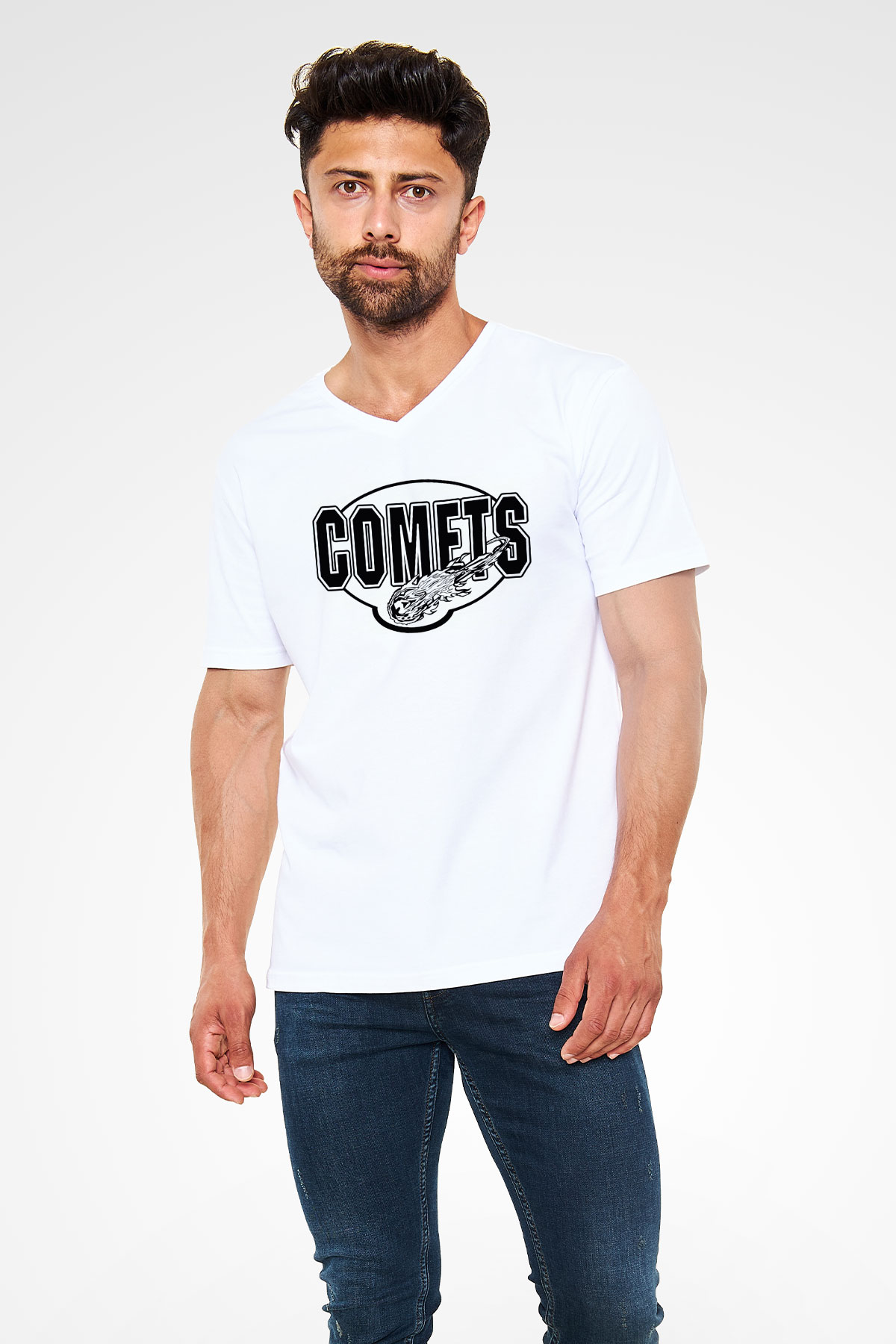 Kuyruklu yıldız Beyaz Unisex V Yaka Tişört