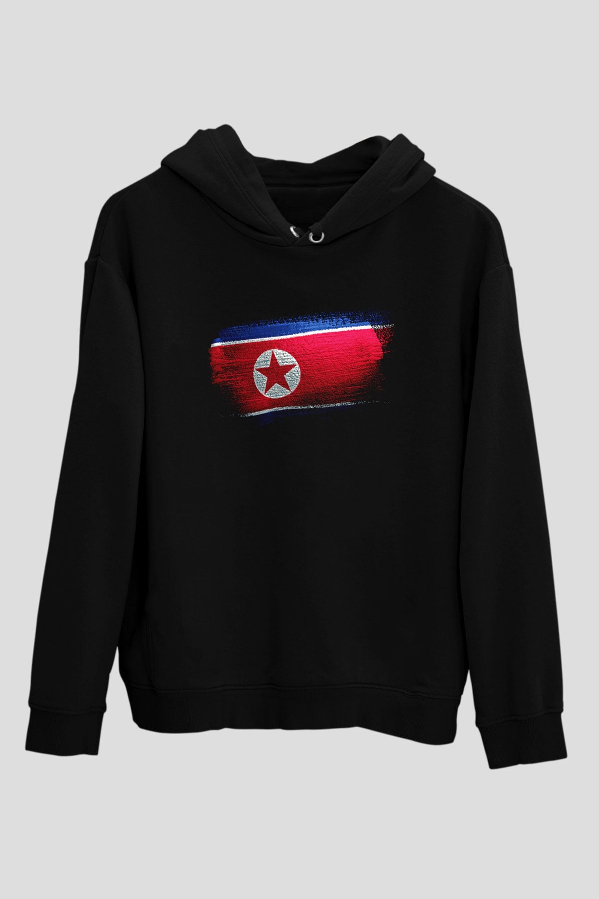 Kuzey Kore - North Korea Bayrağı Baskılı Unisex Siyah Kapüşonlu Sweatshirt