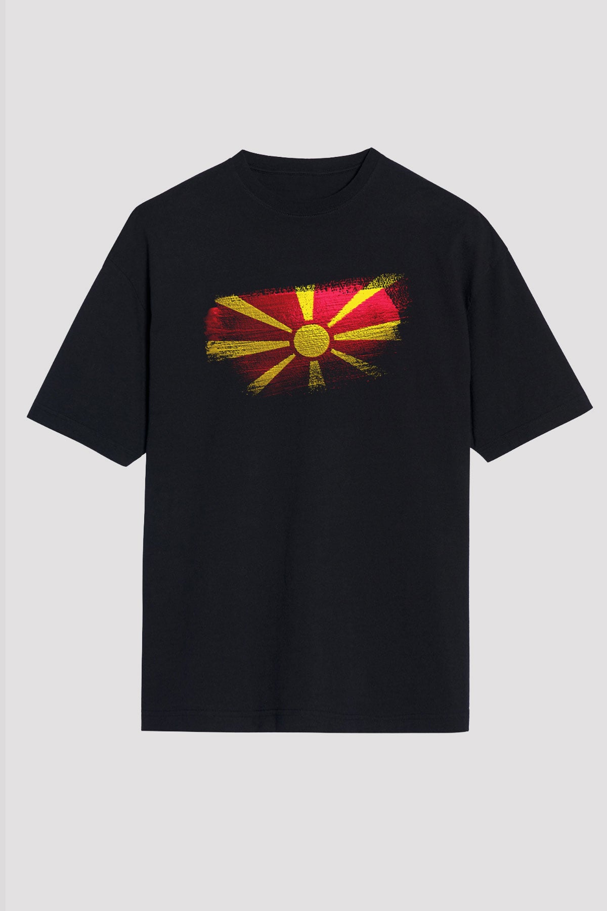 Kuzey Makedonya - North Macedonia Bayrağı Baskılı Unisex Siyah Oversize Tişört