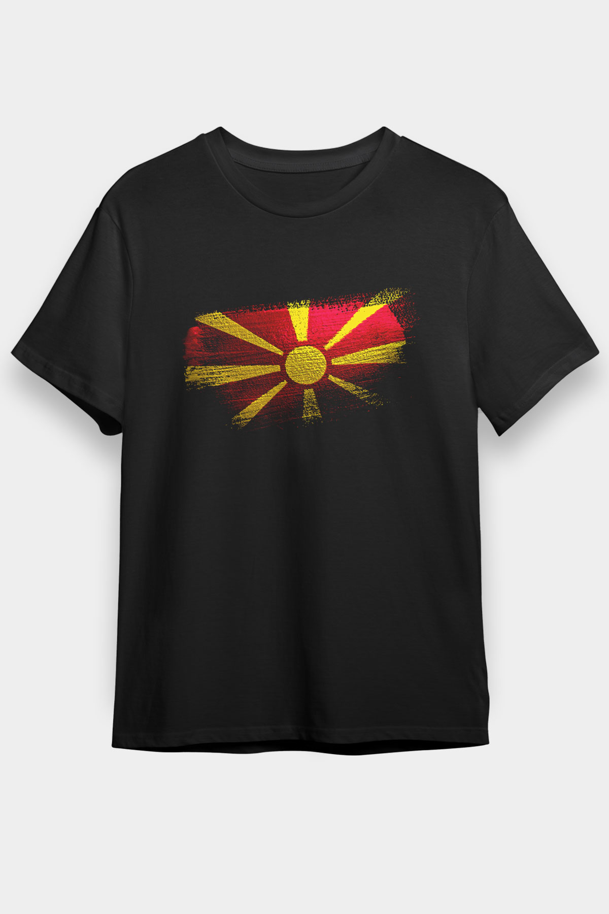 Kuzey Makedonya - North Macedonia Bayrağı Baskılı Unisex Siyah Tişört