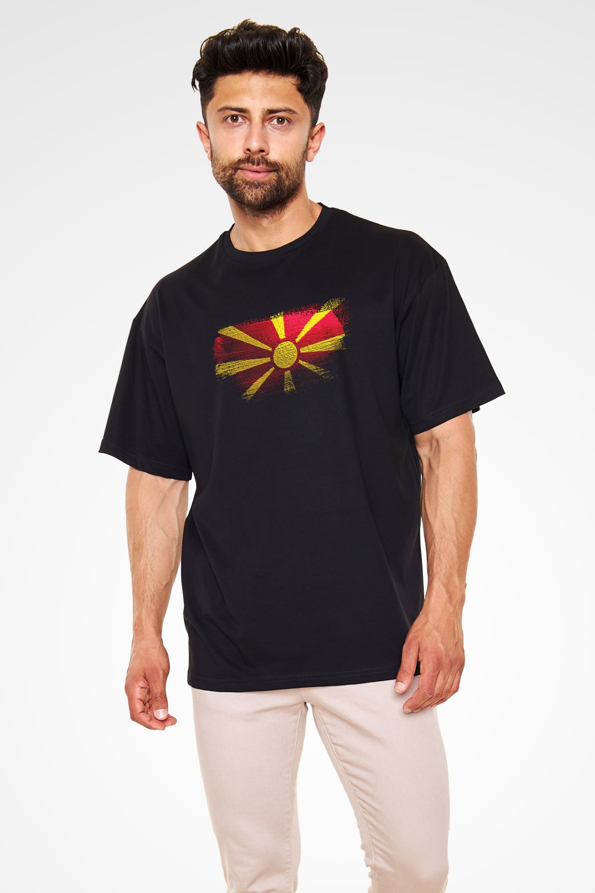Kuzey Makedonya - North Macedonia Bayrağı Baskılı Unisex Siyah Oversize Tişört