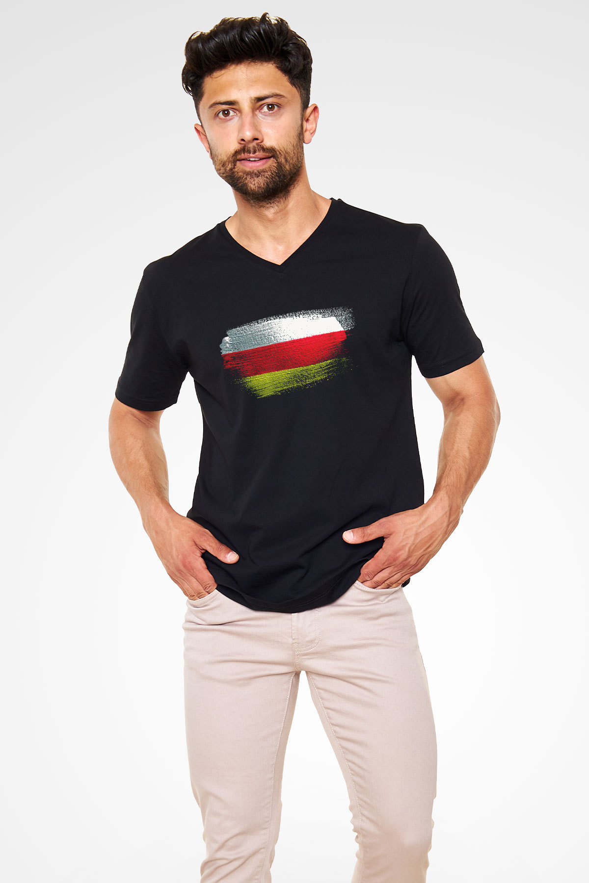 Kuzey Osetya Alanya - North Ossetia–Alania Bayrağı Baskılı Unisex Siyah V Yaka Tişört