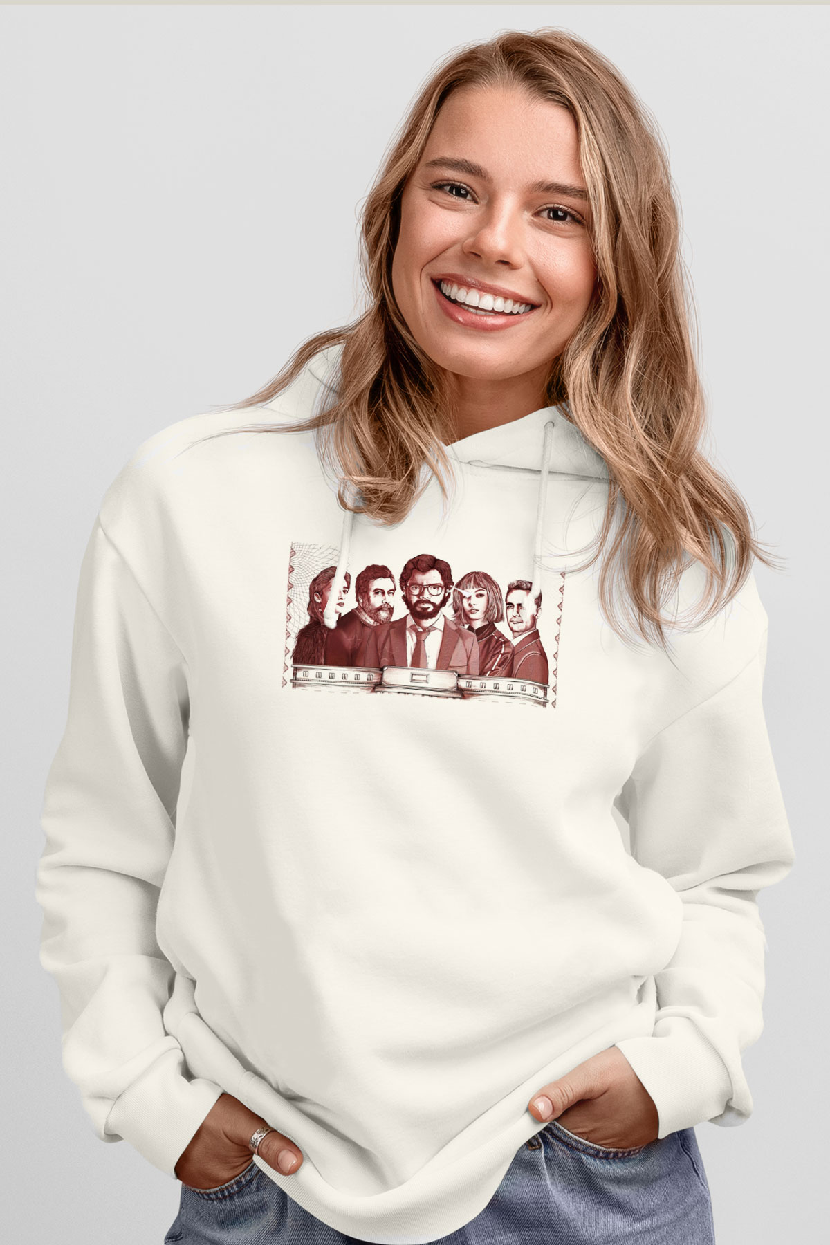 La casa de papel Beyaz Unisex Kapşonlu Sweatshirt