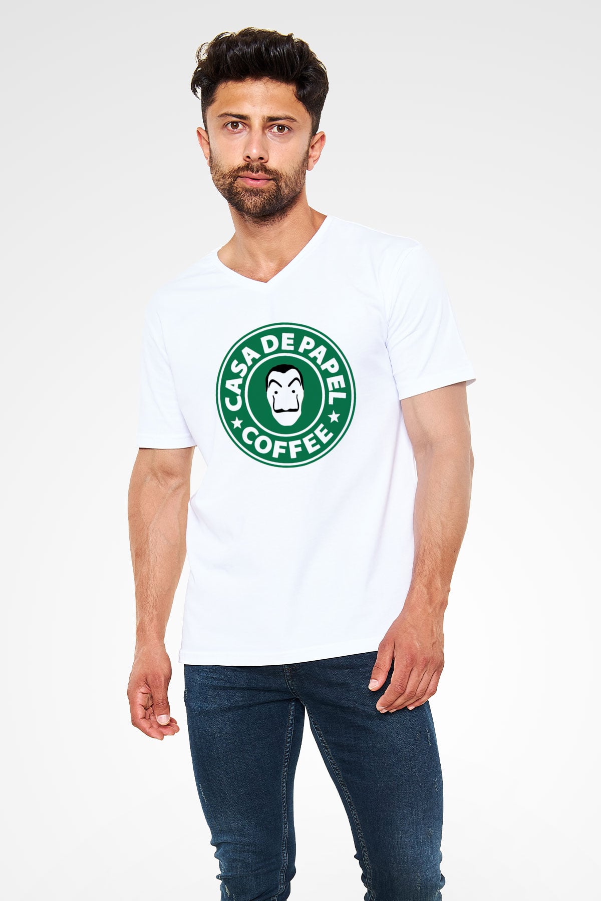 La casa de papel Beyaz Unisex V Yaka Tişört T-Shirt
