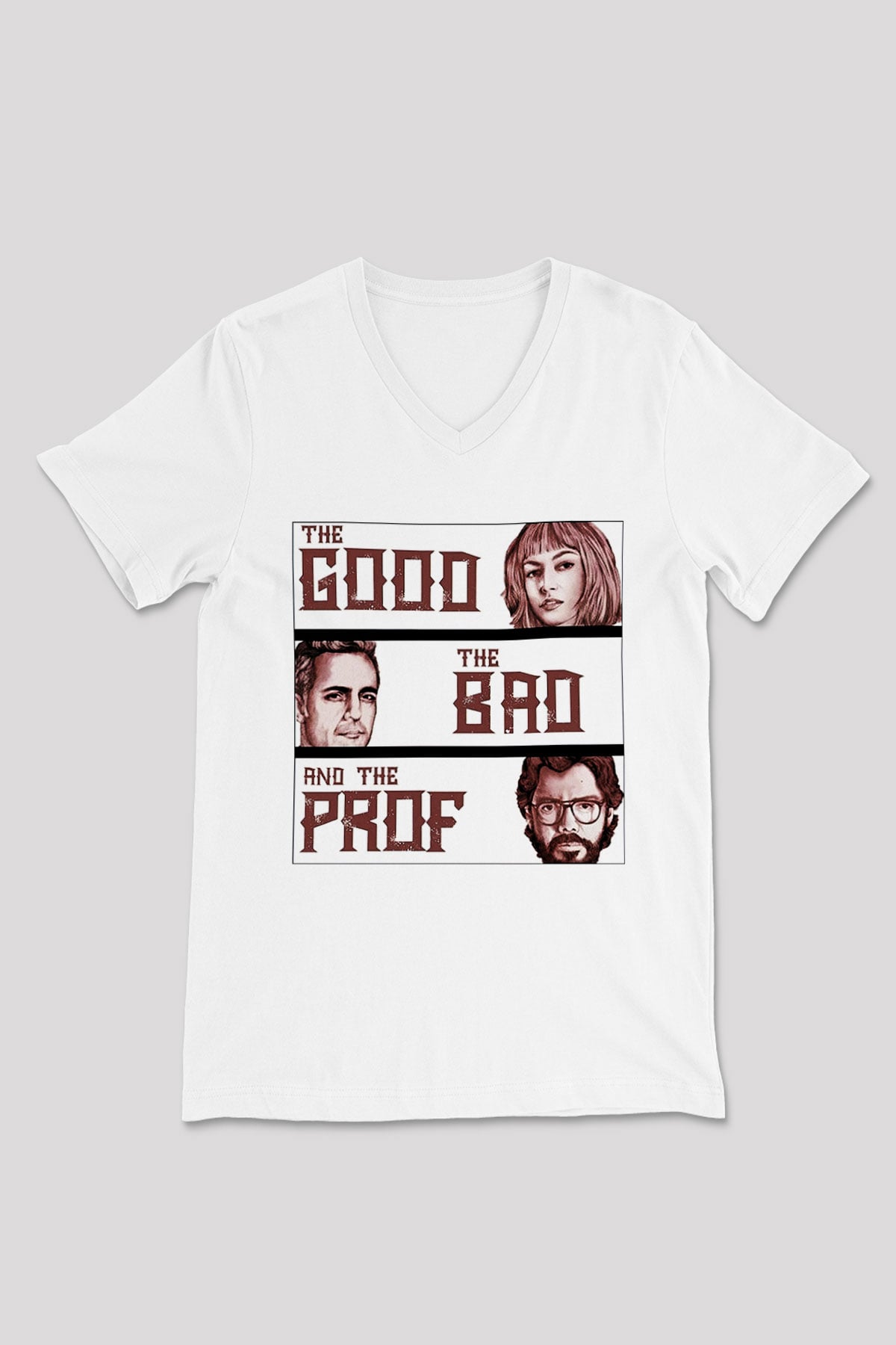 La casa de papel Beyaz Unisex V Yaka Tişört T-Shirt