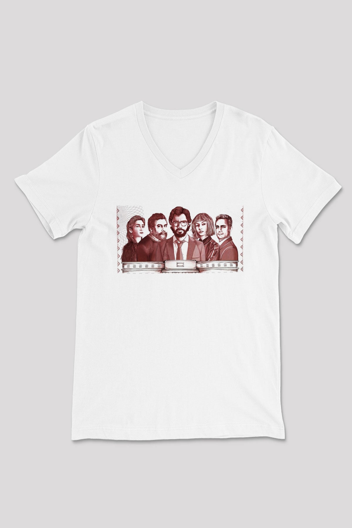 La casa de papel Beyaz Unisex V Yaka Tişört T-Shirt
