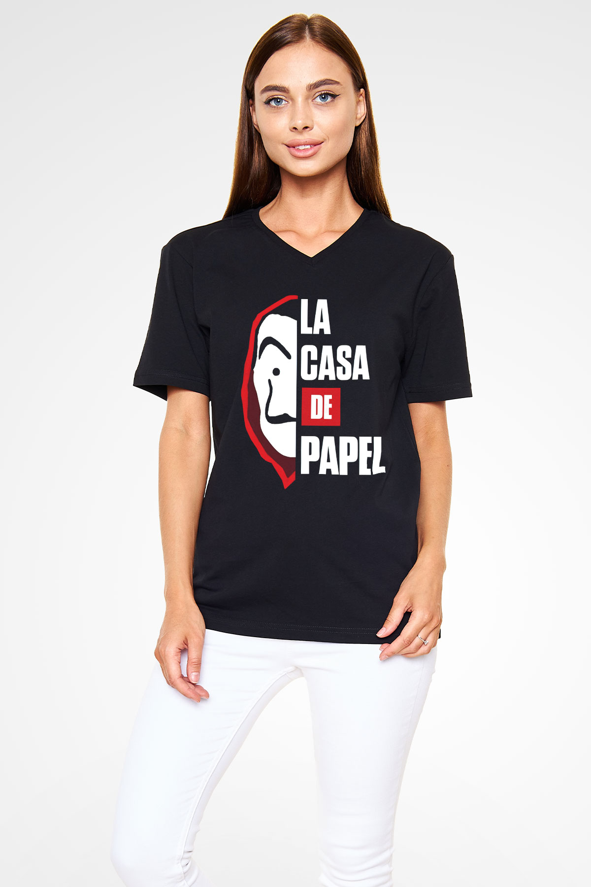 La casa de papel Siyah Unisex V Yaka Tişört T-Shirt
