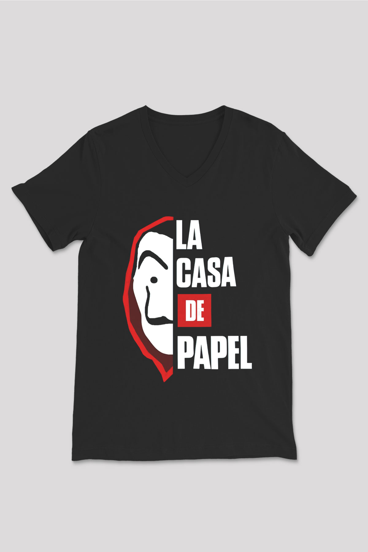 La casa de papel Siyah Unisex V Yaka Tişört T-Shirt