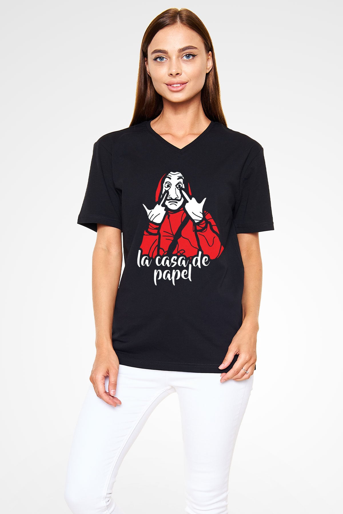 La casa de papel Siyah Unisex V Yaka Tişört T-Shirt