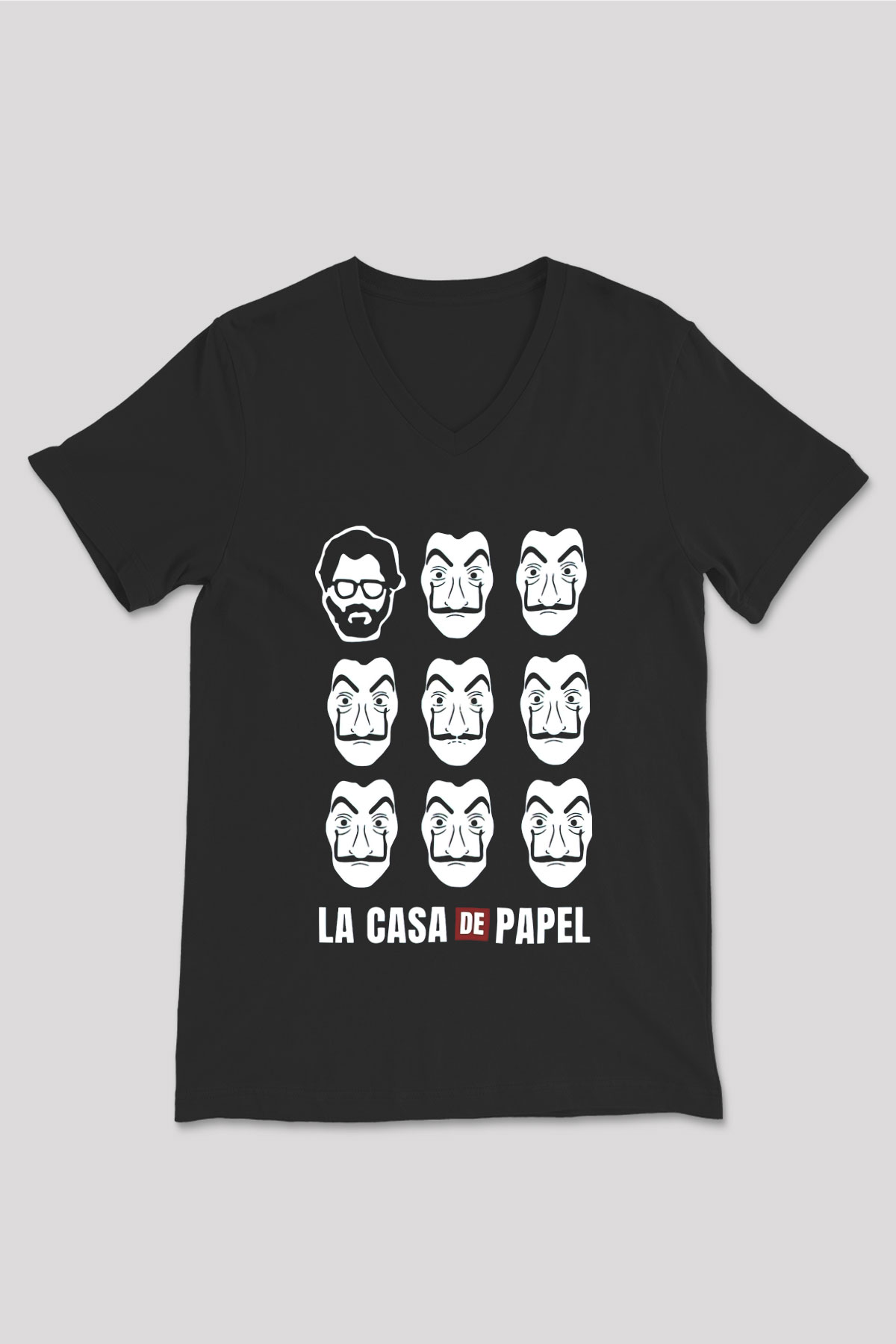 La casa de papel Siyah Unisex V Yaka Tişört T-Shirt