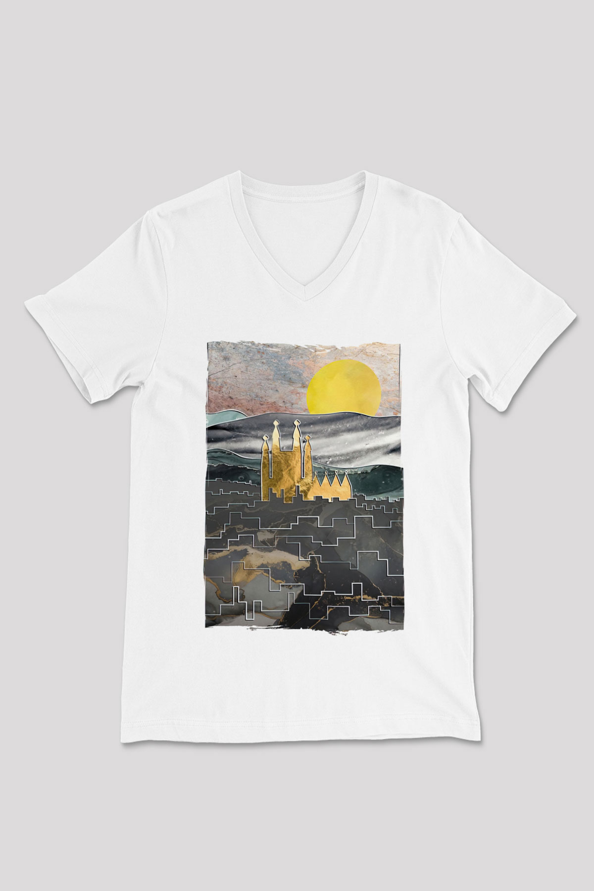 La Sagrada Familia Beyaz Unisex V Yaka Tişört