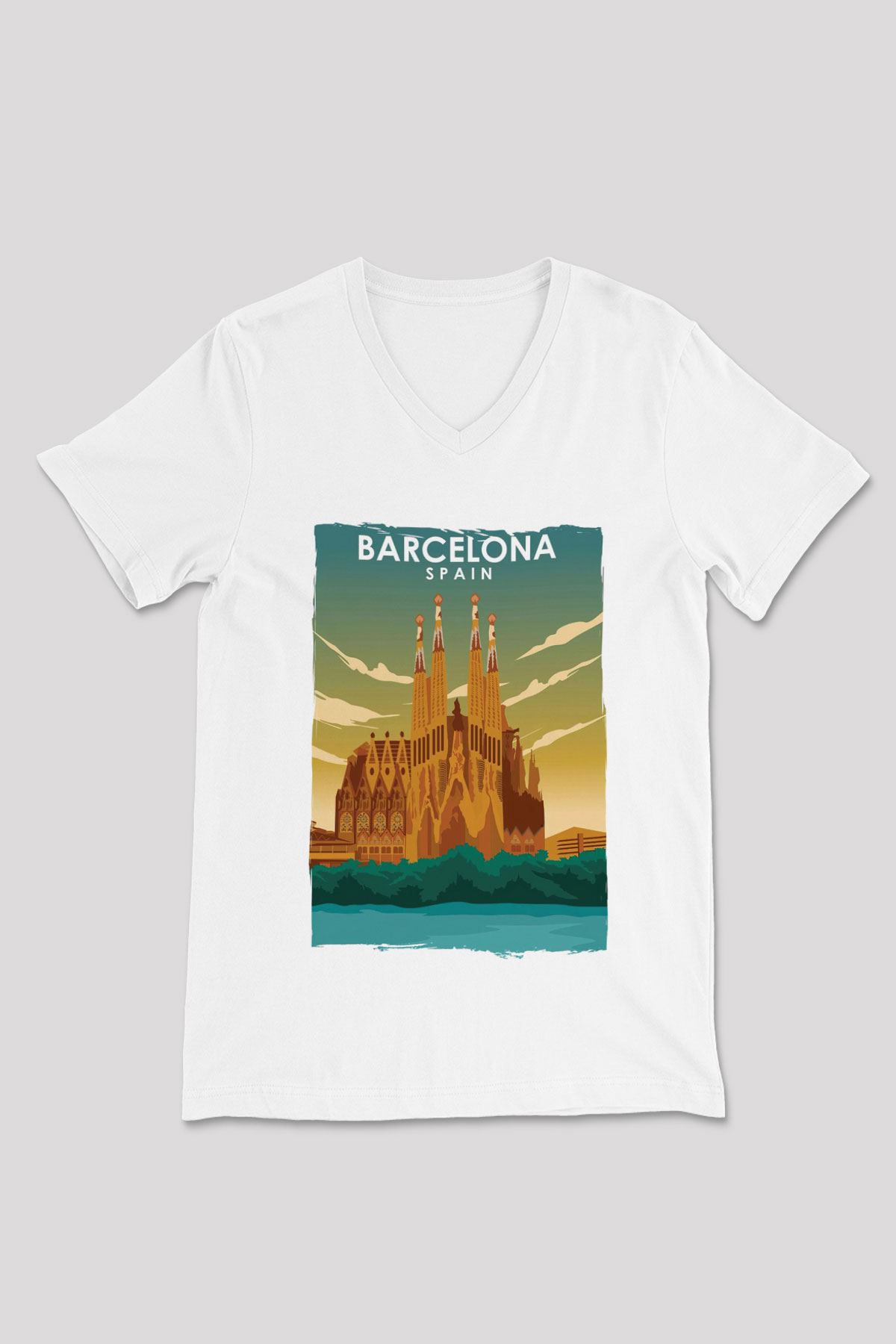 La Sagrada Familia Beyaz Unisex V Yaka Tişört