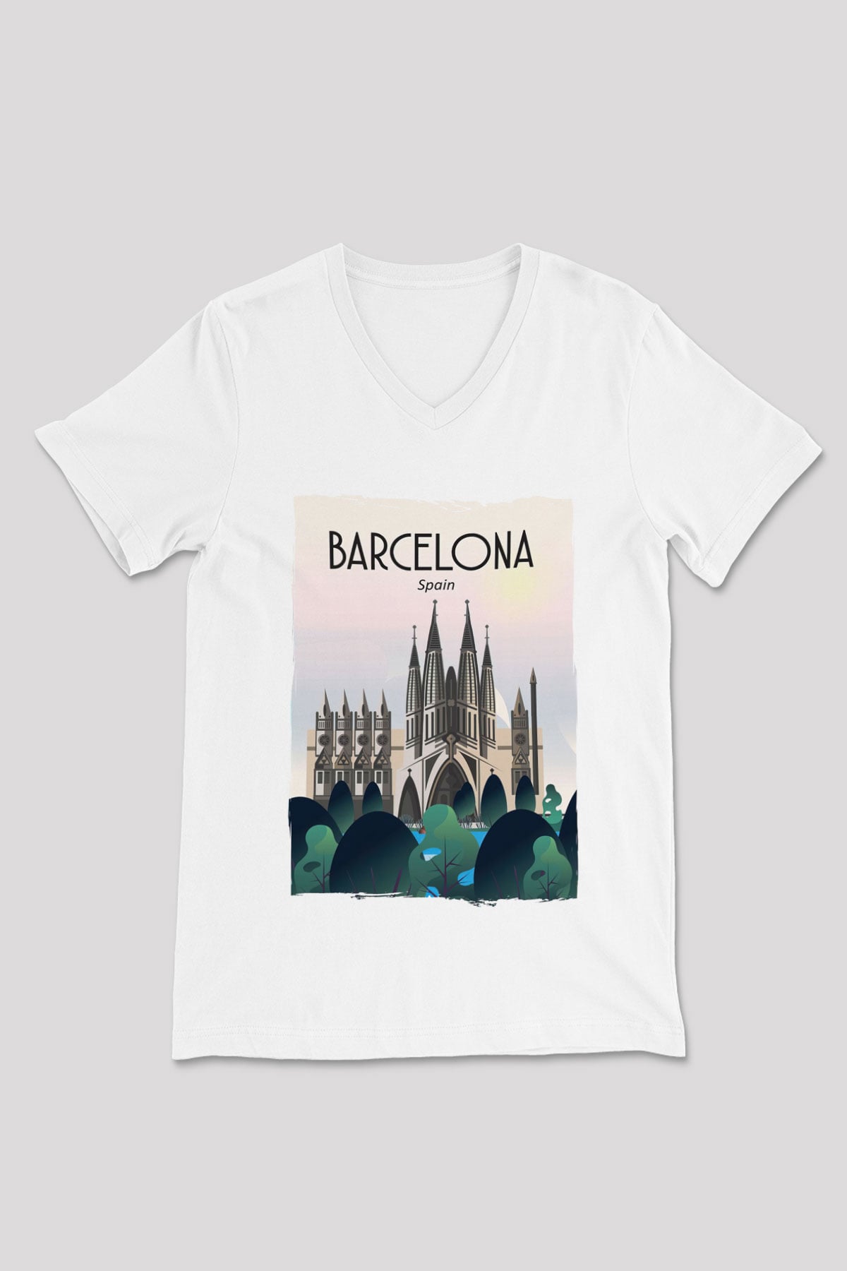La Sagrada Familia Beyaz Unisex V Yaka Tişört