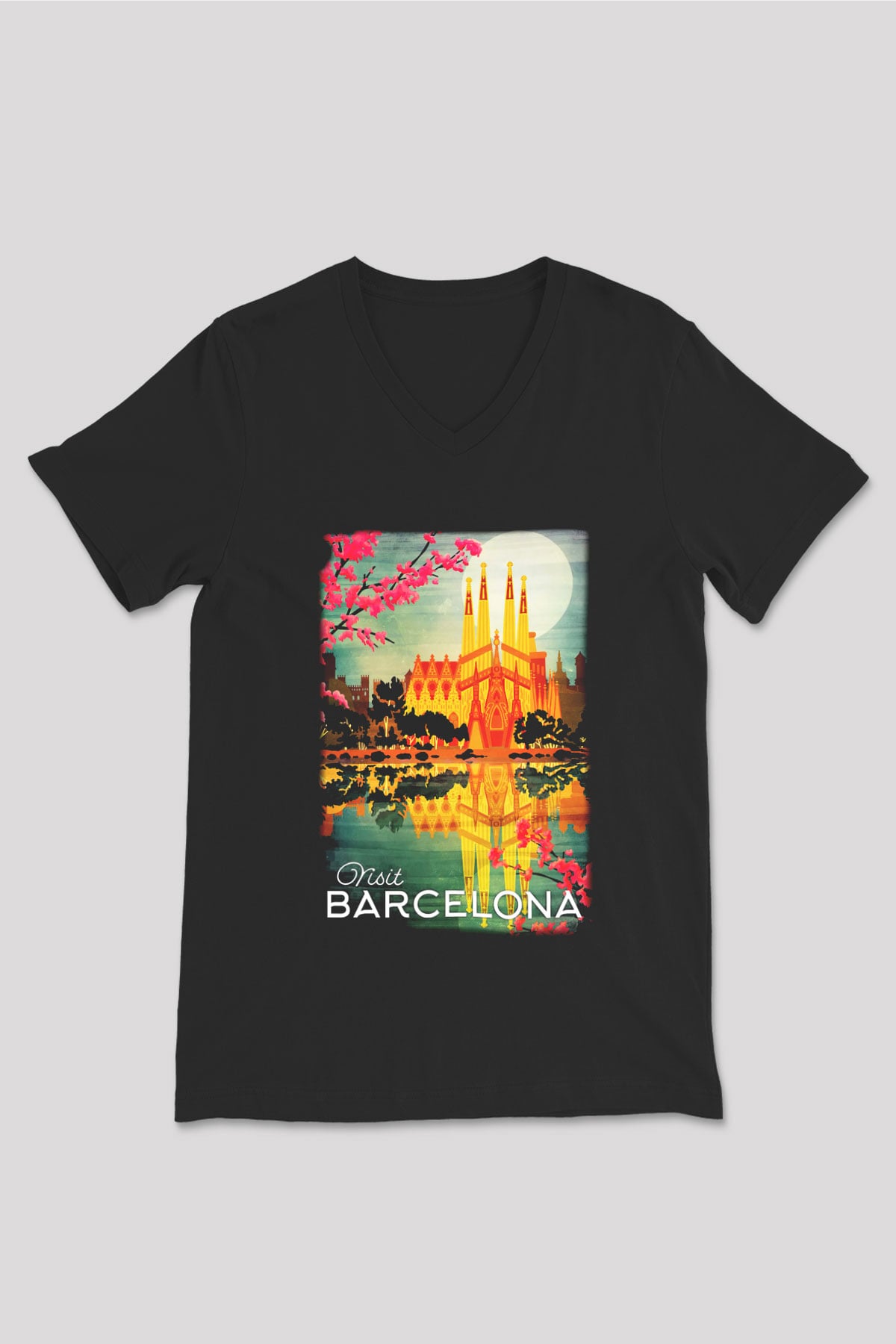 La Sagrada Familia Siyah Unisex V Yaka Tişört T-Shirt