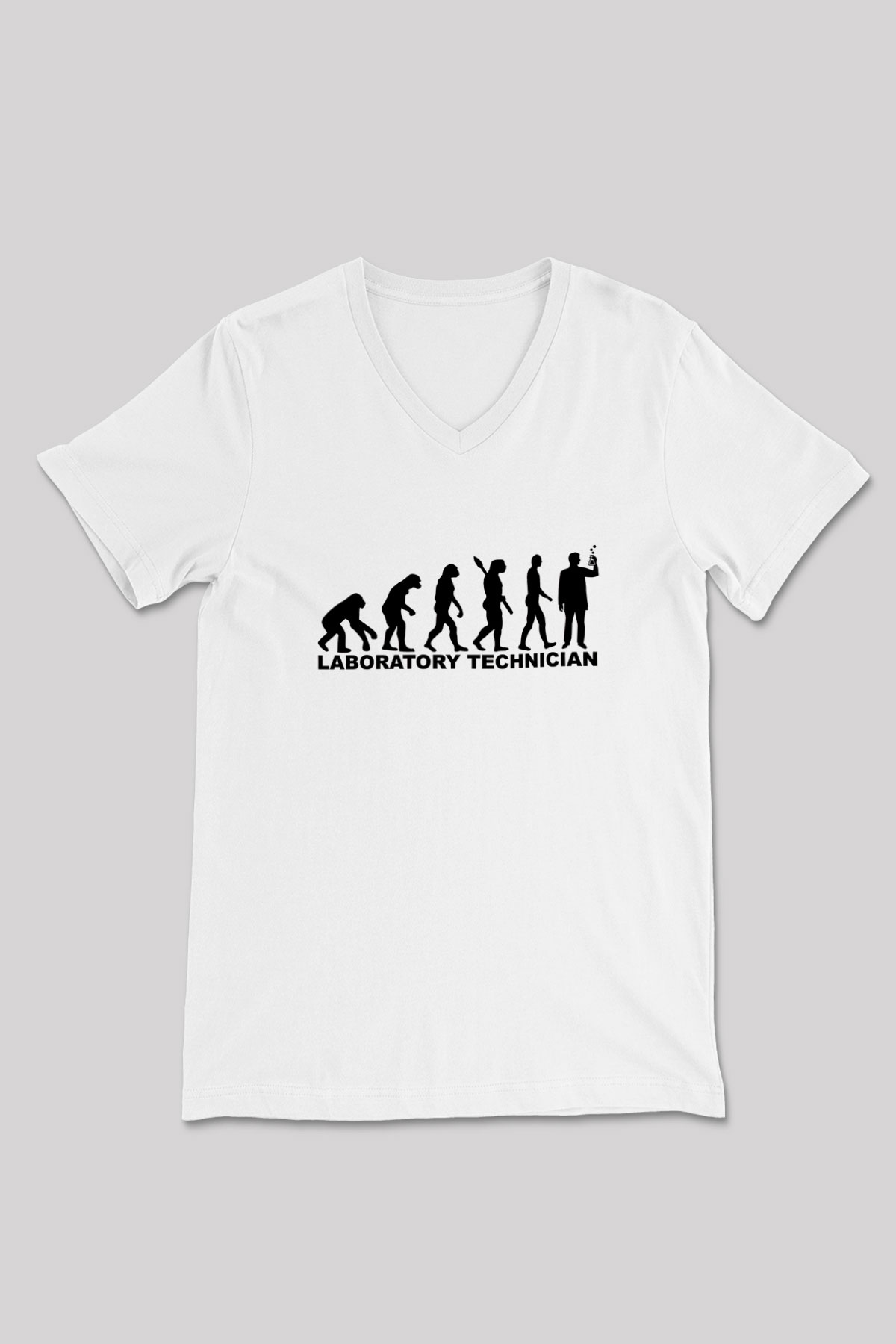 Laborant Evrimi Baskılı Unisex V Yaka Beyaz Tişört - Tshirt