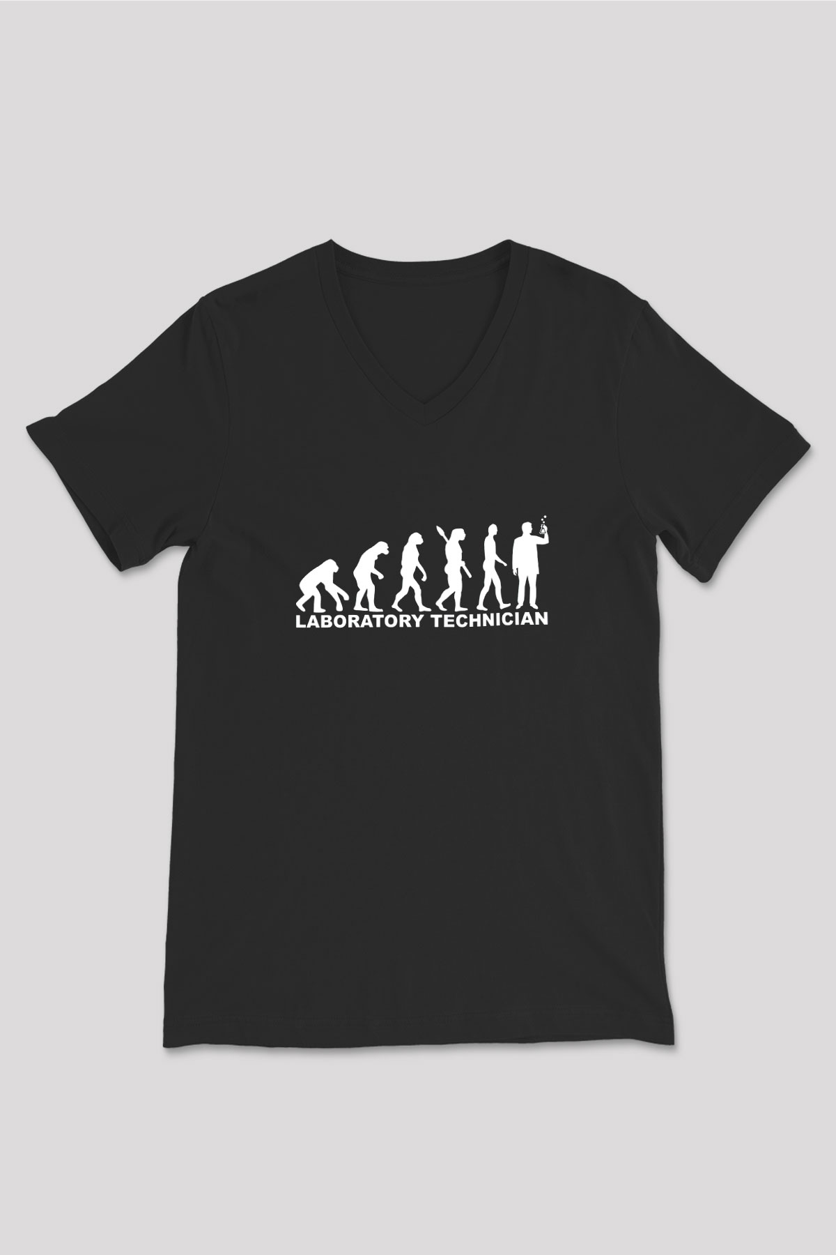 Laborant Evrimi Baskılı Unisex V Yaka Siyah Tİşört - Tshirt