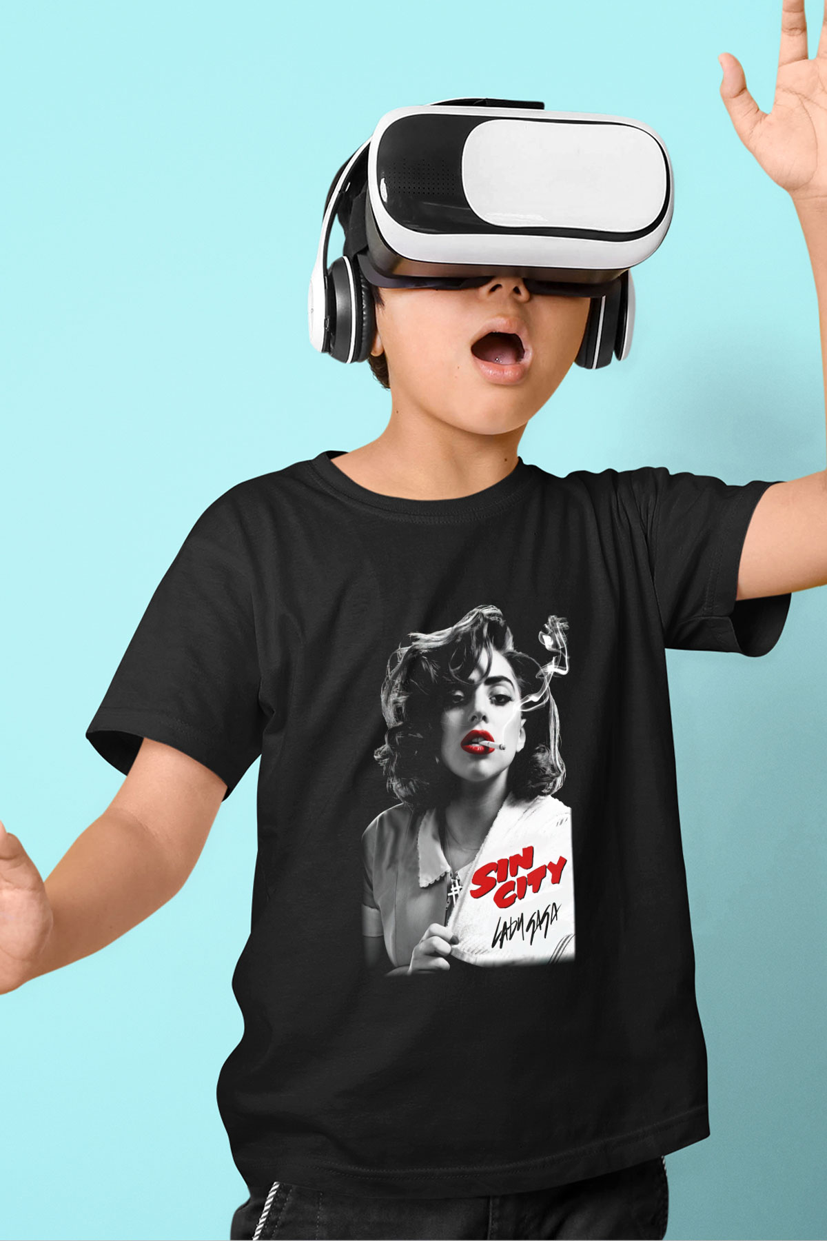 Lady Gaga Baskılı Siyah Unisex Çocuk Tişört