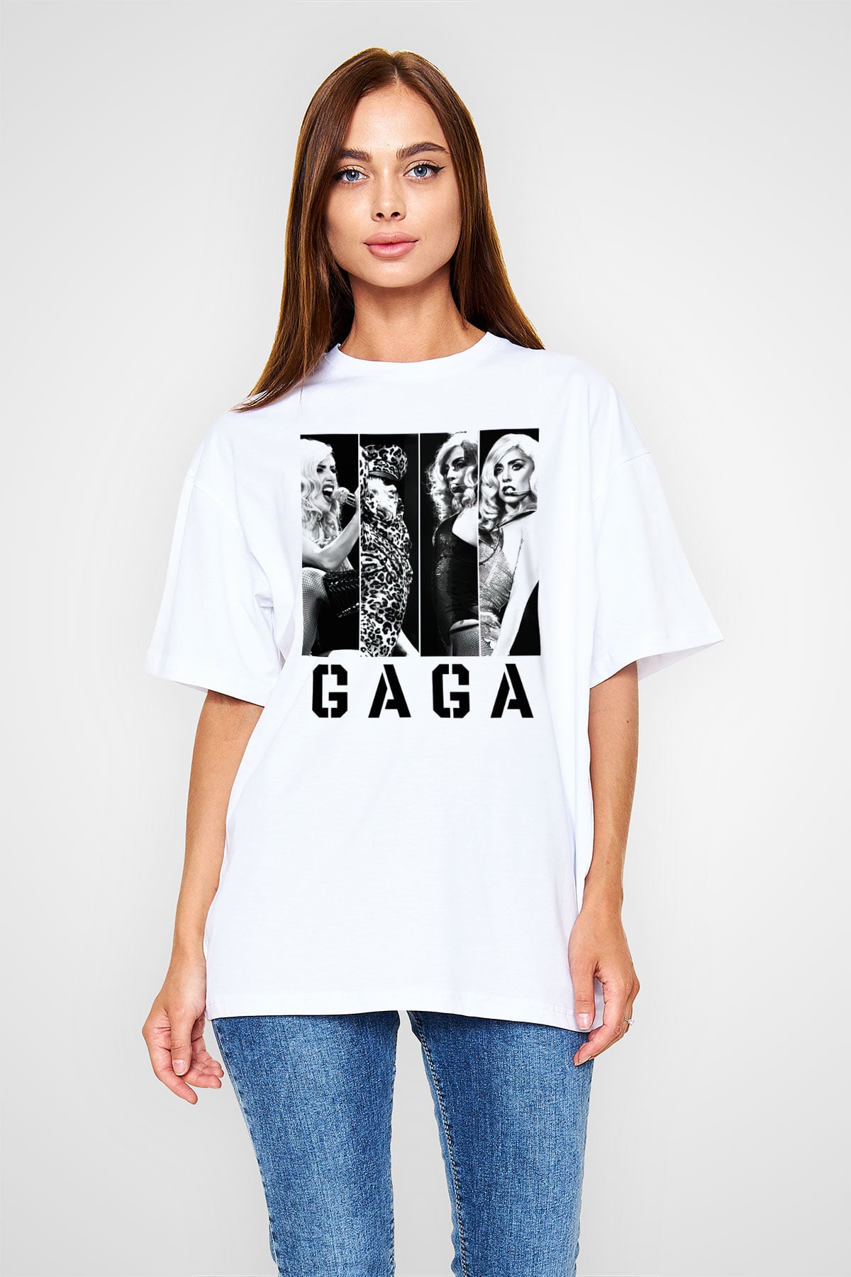 Lady Gaga Beyaz Unisex Oversize Tişört T-Shirt