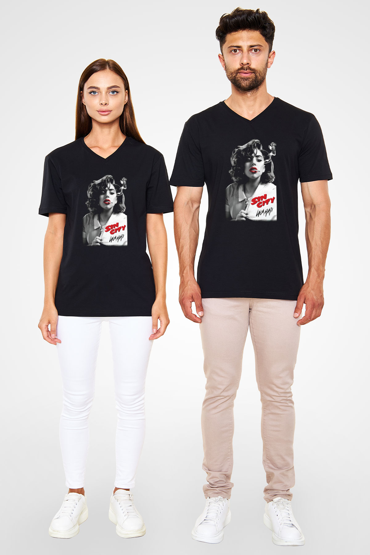 Lady Gaga Siyah Unisex V Yaka Tişört T-Shirt