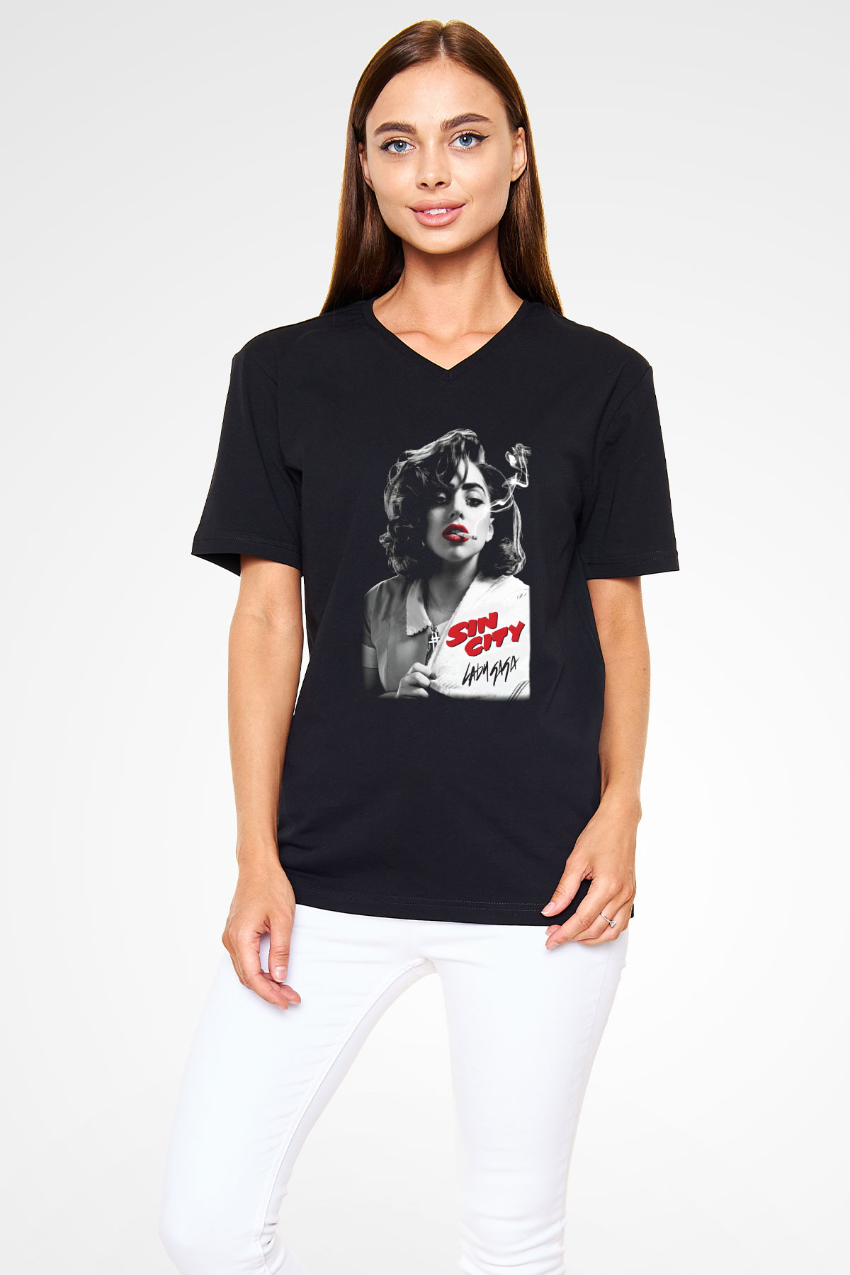 Lady Gaga Siyah Unisex V Yaka Tişört T-Shirt