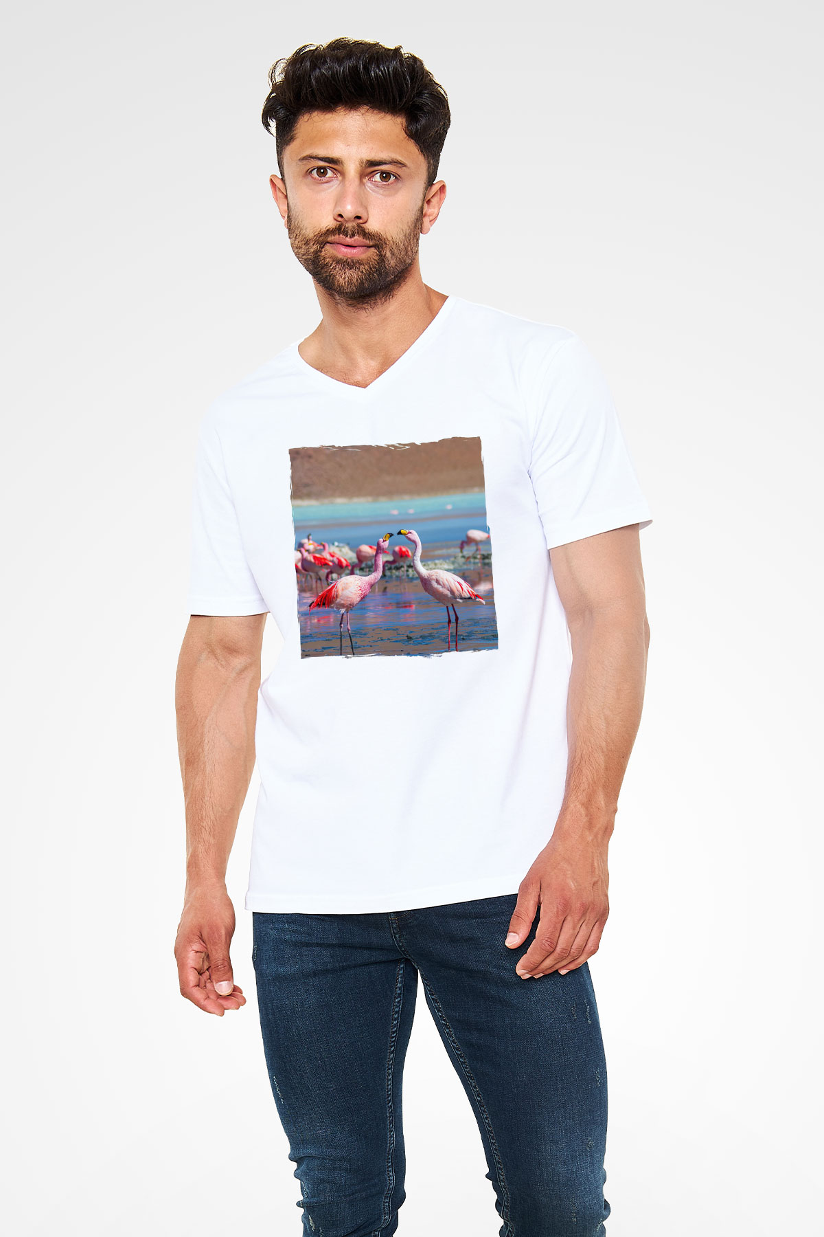 Laguna Colorada Beyaz Unisex V Yaka Tişört