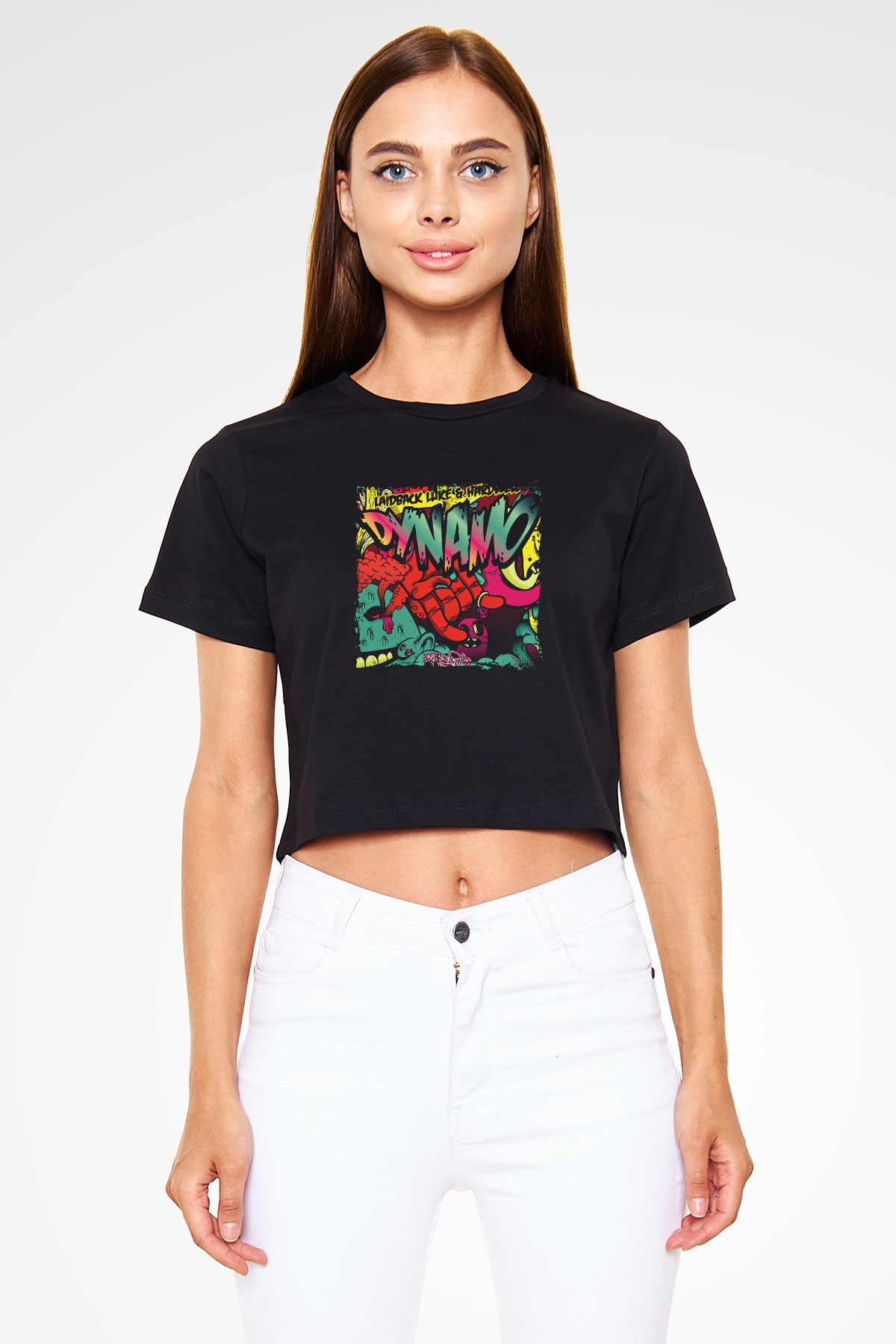 Laidback Luke Baskılı Crop Top Siyah Kadın Tişört