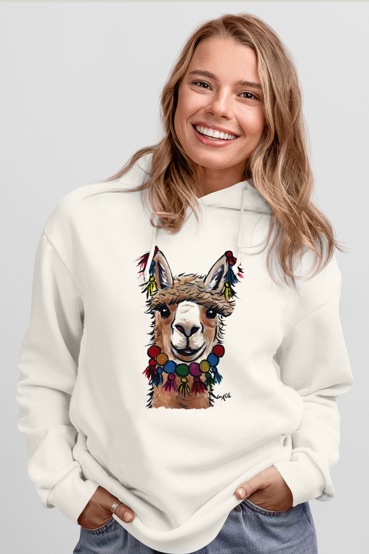 Lama Beyaz Unisex Kapşonlu Sweatshirt