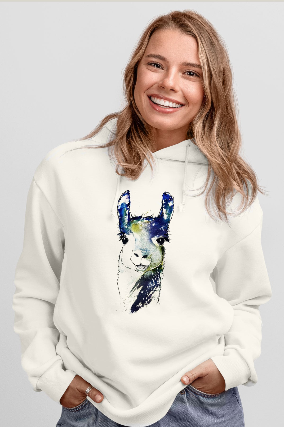 Lama Beyaz Unisex Kapşonlu Sweatshirt