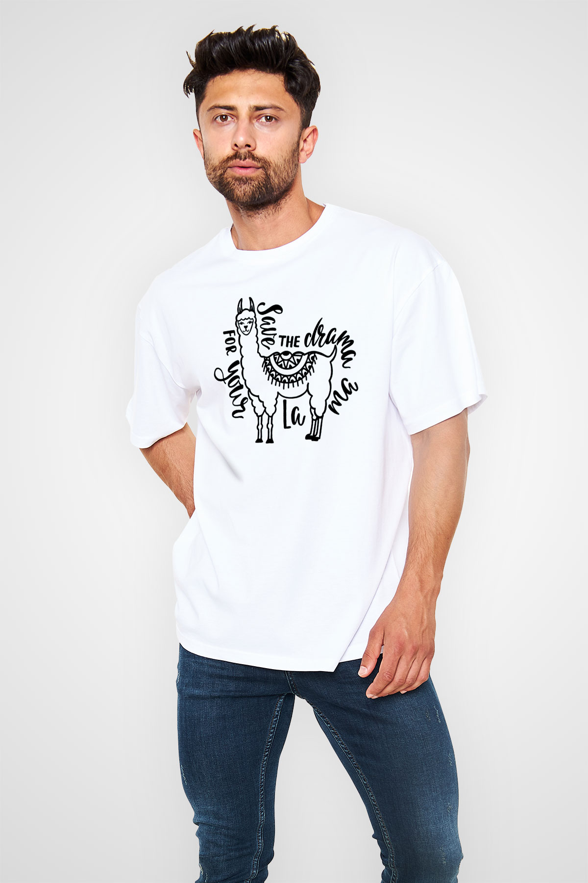 Lama Beyaz Unisex Oversize Tişört T-Shirt