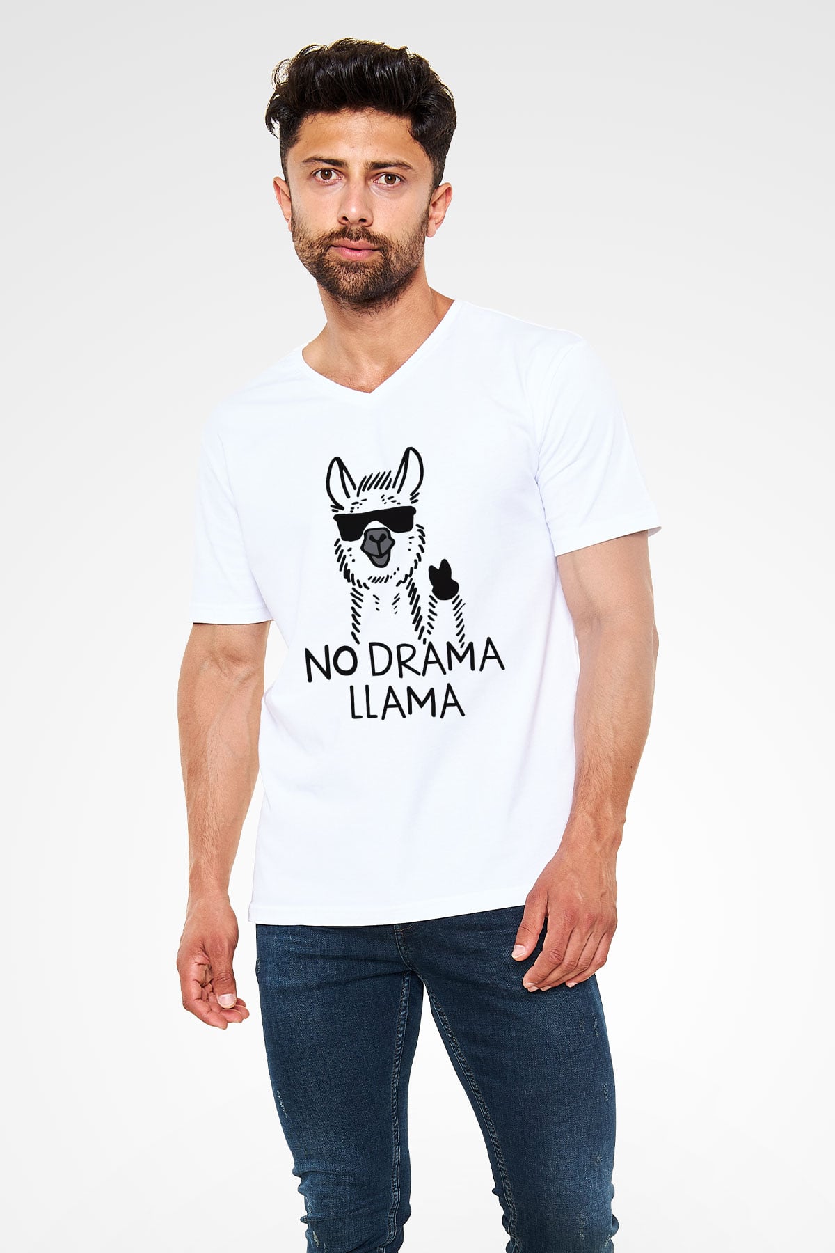 Lama Beyaz Unisex V Yaka Tişört T-Shirt
