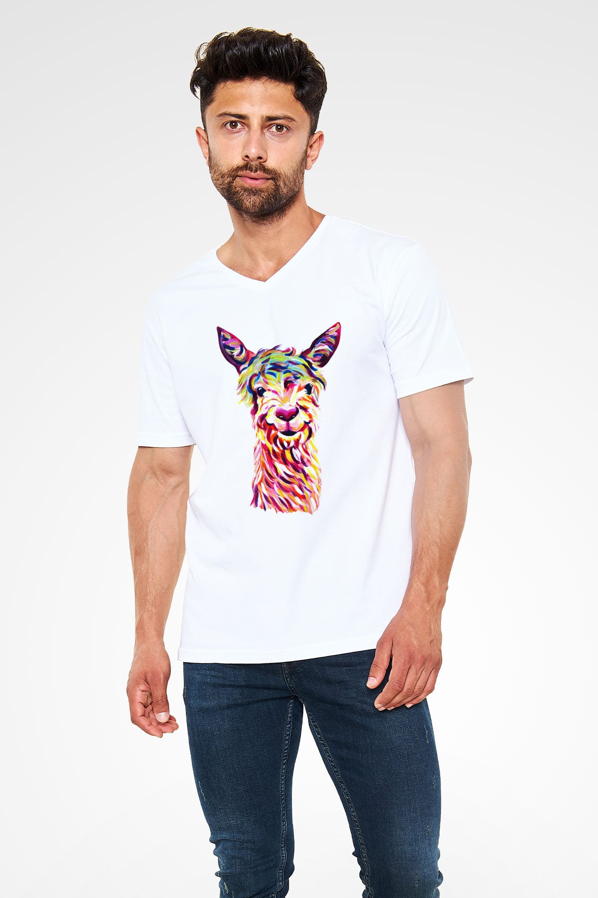 Lama Beyaz Unisex V Yaka Tişört T-Shirt